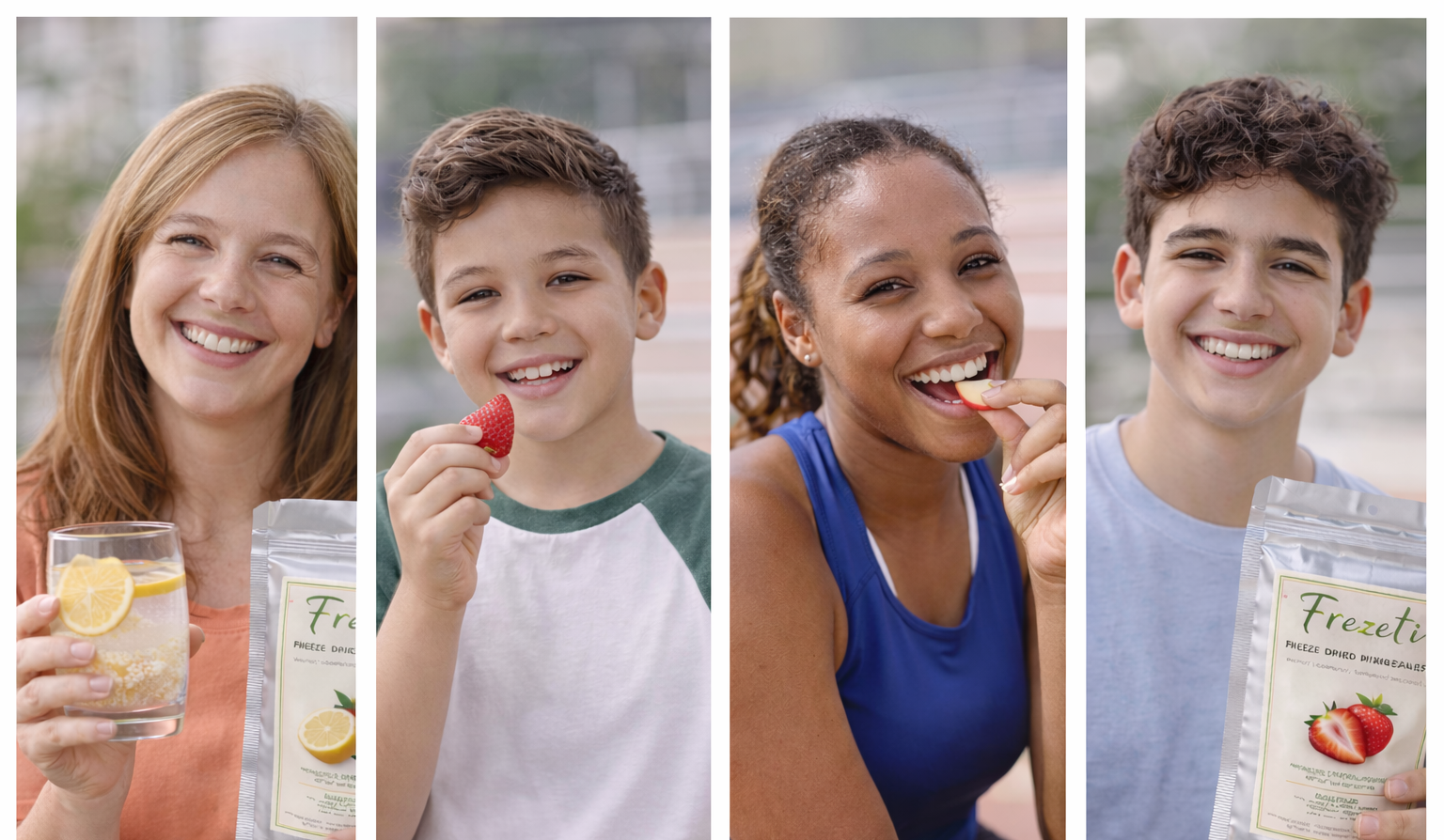 Four people smiling outdoors, each holding or eating fruit or a frozen fruit product, with a bag labeled 'Frezeti' in the image.