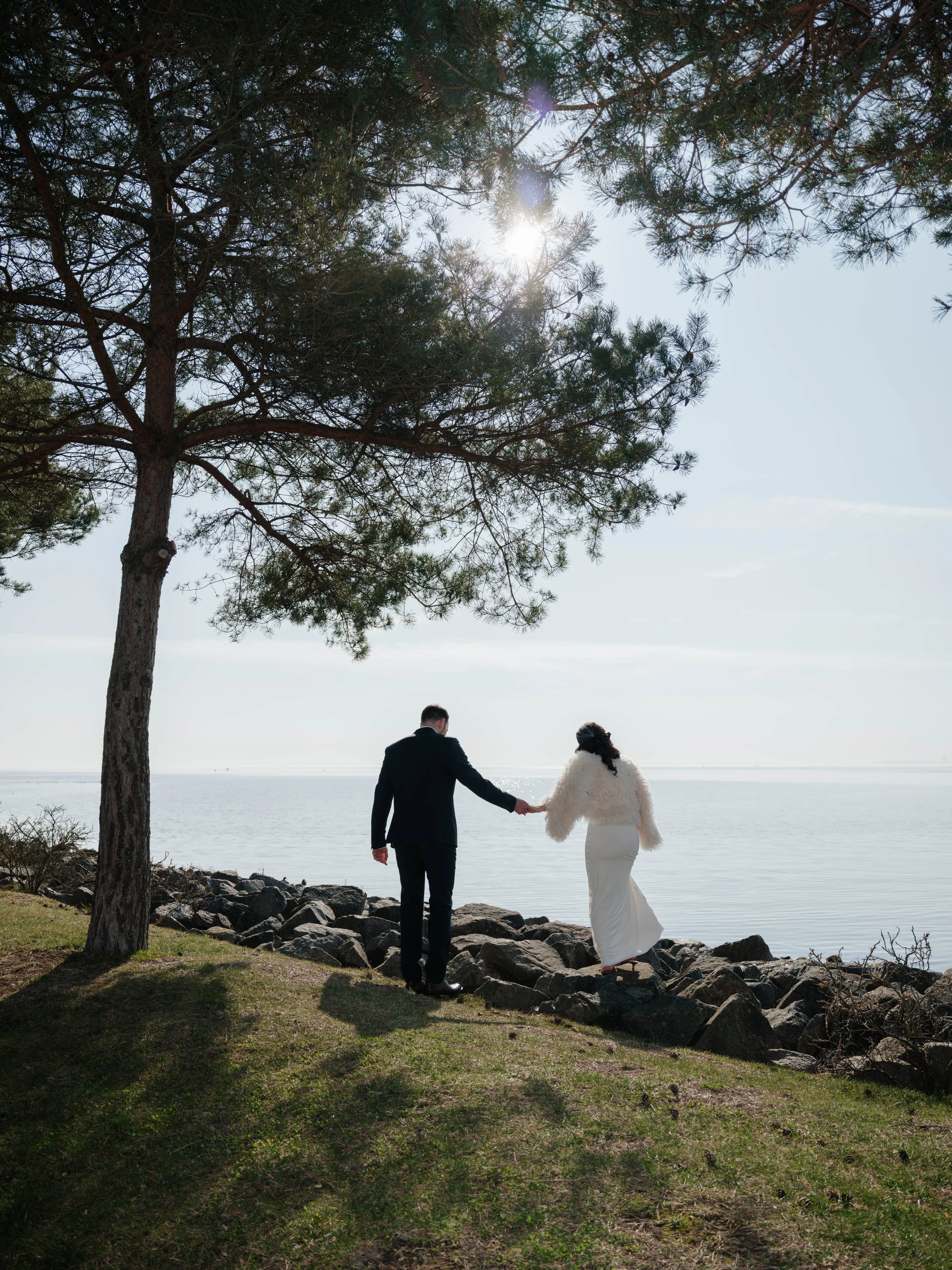 ein Paar hält sich an einem Ufer unter einem großen Baum, bei Sonnenlicht, im Meer blickend, möglicherweise ein Hochzeitsfoto
