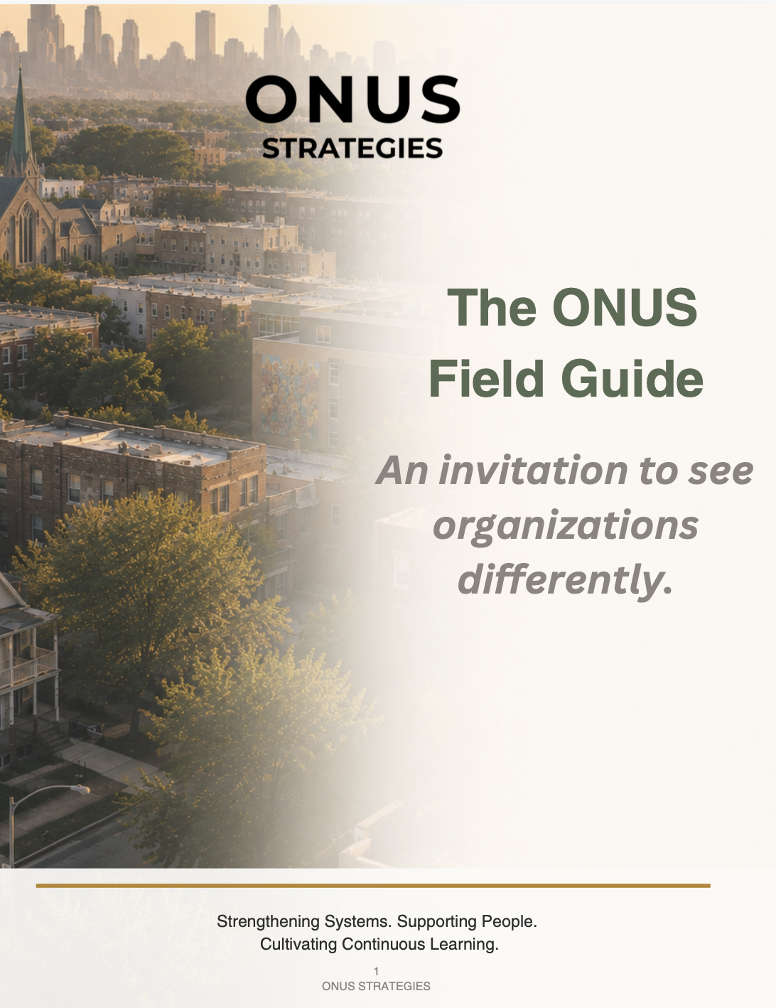 Cover page of the ONUS Field Guide with a cityscape background, featuring a church and residential buildings, and text about organizational strategies.