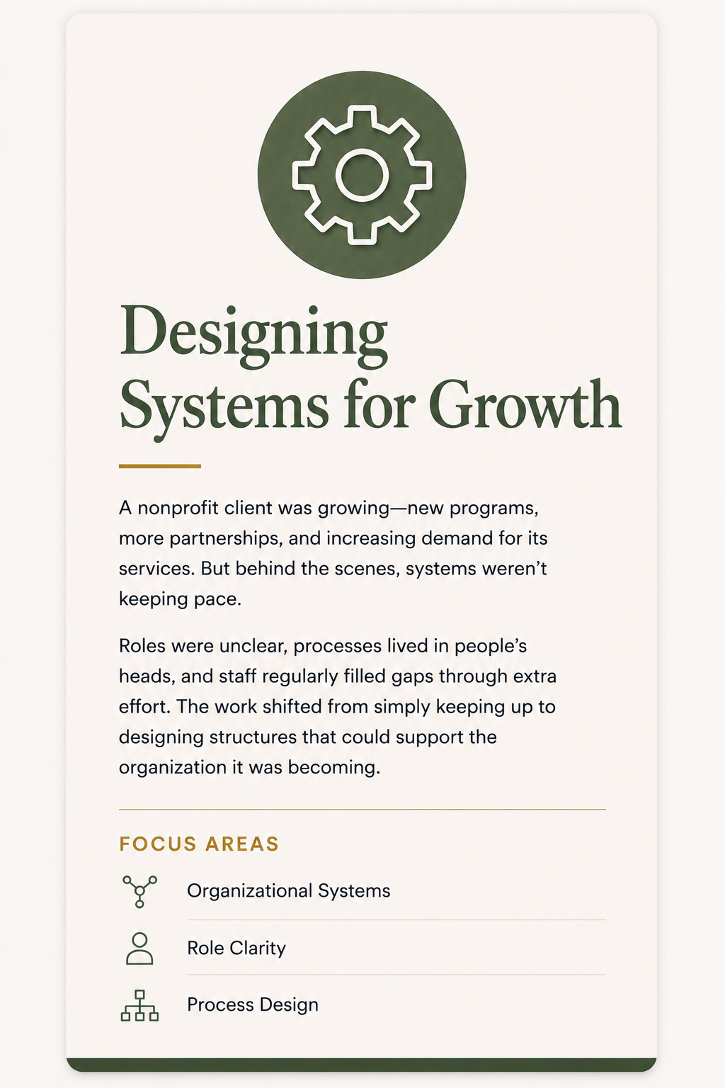 Cover page titled "Designing Systems for Growth" with a gear icon, describing organizational systems, role clarity, and process design for a nonprofit client.