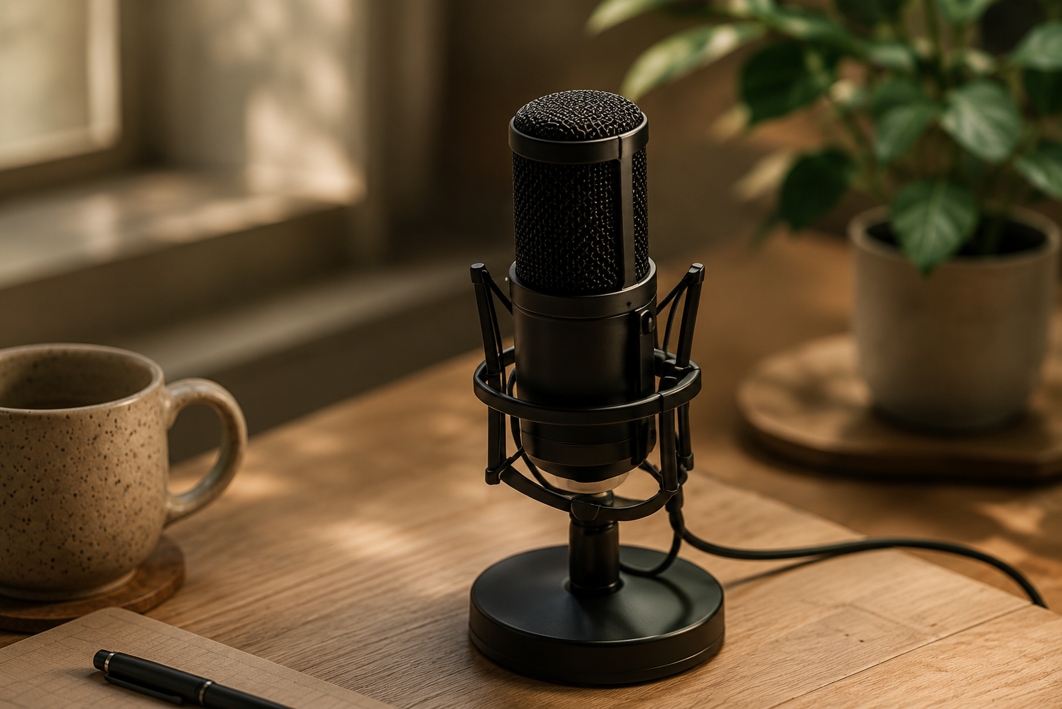 Close-up of a black studio microphone on a wooden desk with a speckled ceramic mug, a notebook, a pen, and a potted plant nearby.