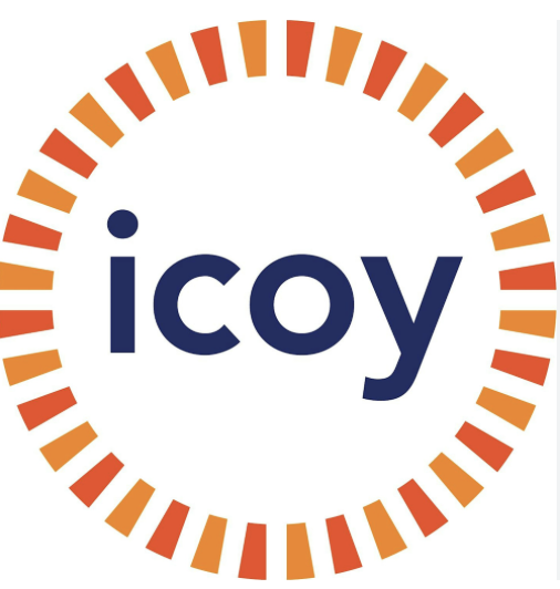 Logo with the word 'icuy' surrounded by a circular pattern of orange and red rectangles.