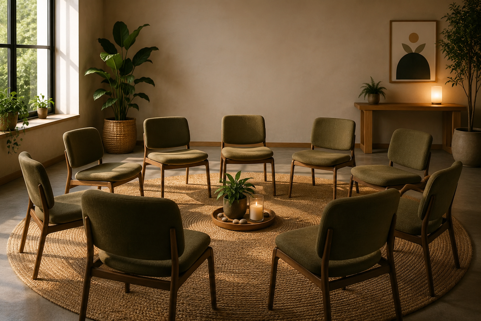 A circle of eight green upholstered chairs arranged around a small green plant and candle on a tray, on a woven rug in a softly lit room with large window and potted plants.