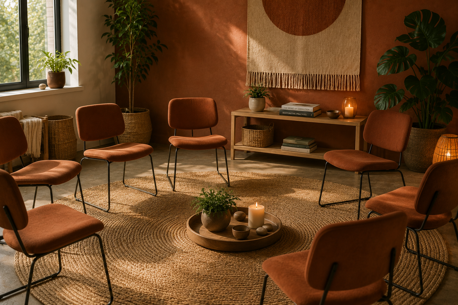 A cozy, dimly lit meeting or therapy room with eight burnt orange chairs arranged in a circle on a round jute rug. The room has a window with natural light, plants, a wooden side table with books and a candle, and decorative items like bowls and a woven basket.