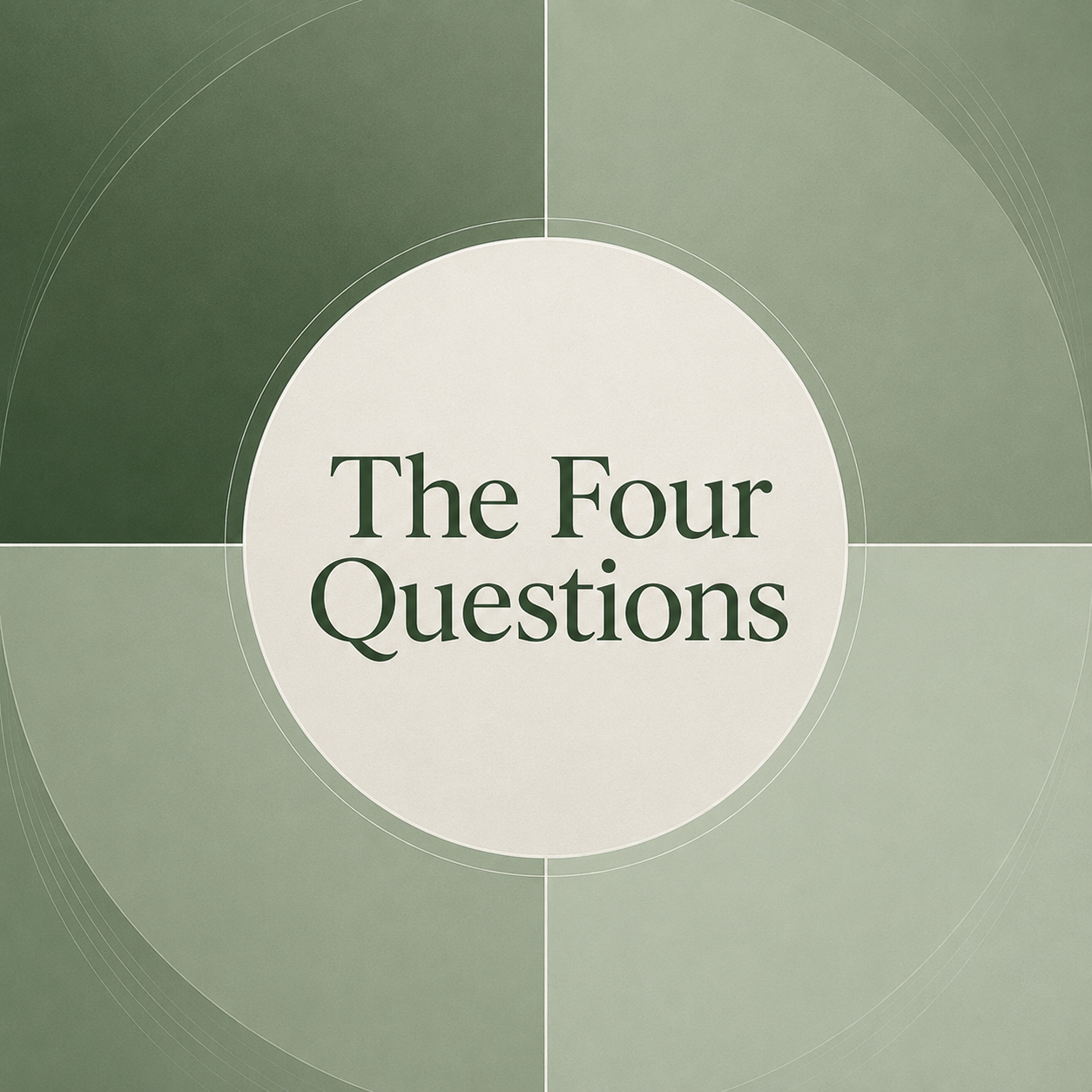 Graphic with a circle in the center containing the text "The Four Questions" on a green and gray geometric background.
