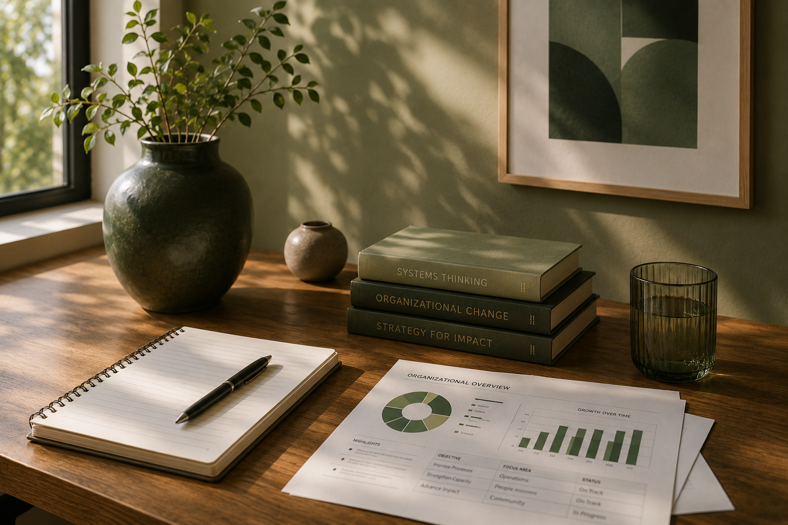 A wooden desk with a notepad and pen, a printed organizational overview chart, a small ceramic vase, a large vase with green foliage, a stack of three books titled 'Systems Thinking', 'Organizational Change', and 'Strategy for Impact', a glass of water, and a framed abstract art piece on the wall behind, with sunlight streaming in.