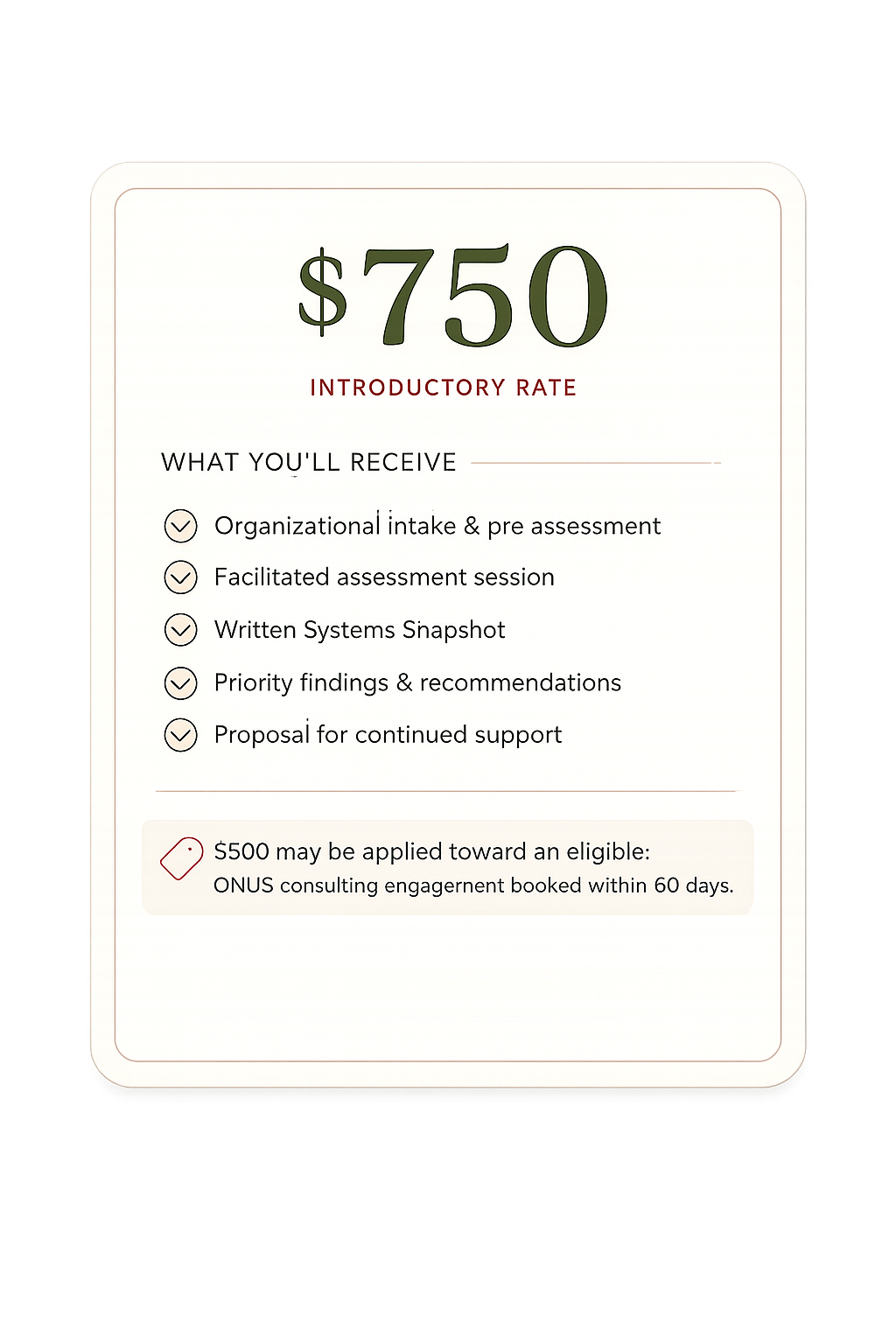 A promotional flyer displaying a $750 introductory rate for consulting services, listing what is included and a note about applying $500 towards an eligible engagement within 60 days.