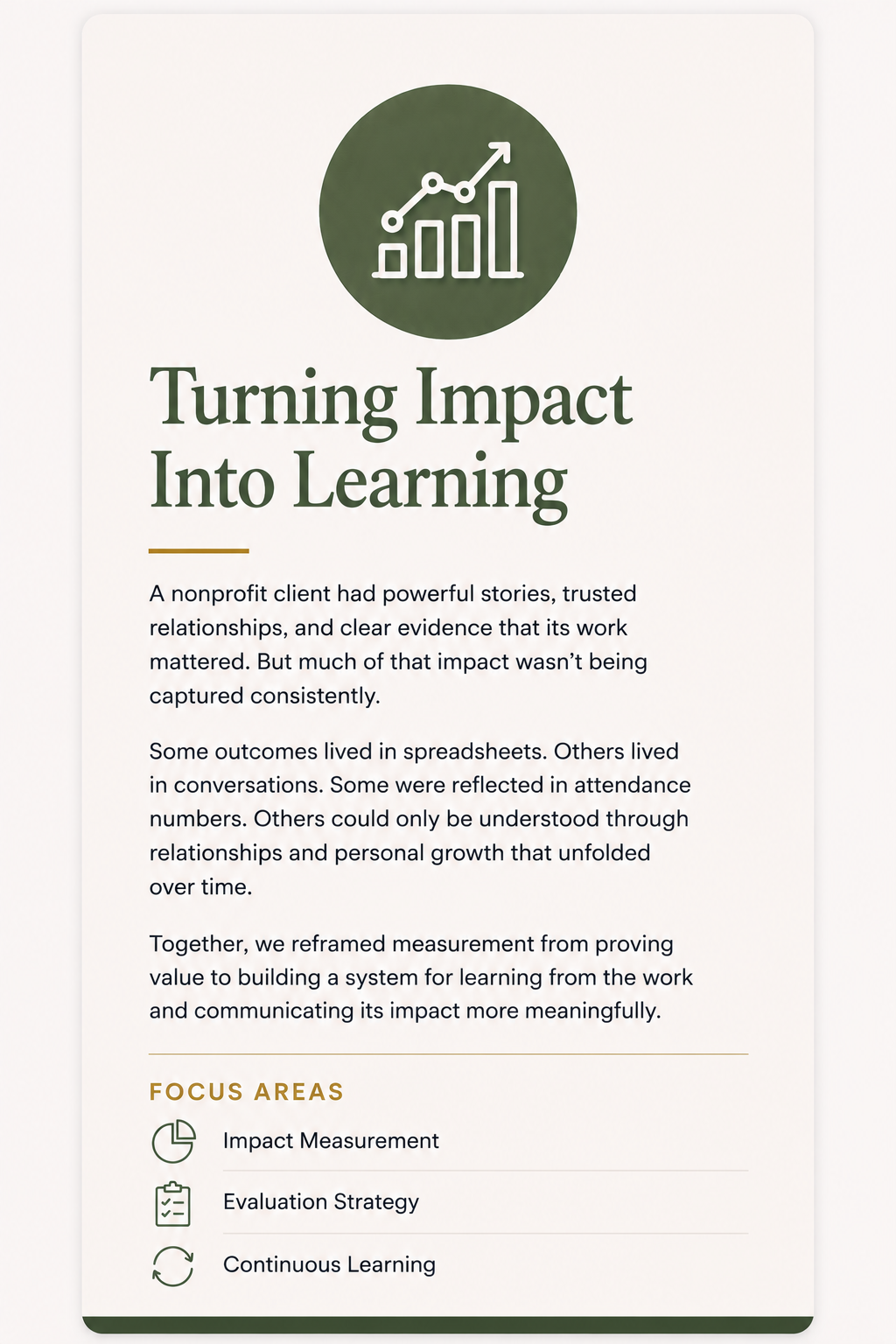 Cover page of a report titled 'Turning Impact into Learning', featuring a graph icon in a green circle, and text explaining the importance of measuring impact in nonprofit work, with focus areas including impact measurement, evaluation strategy, and continuous learning.