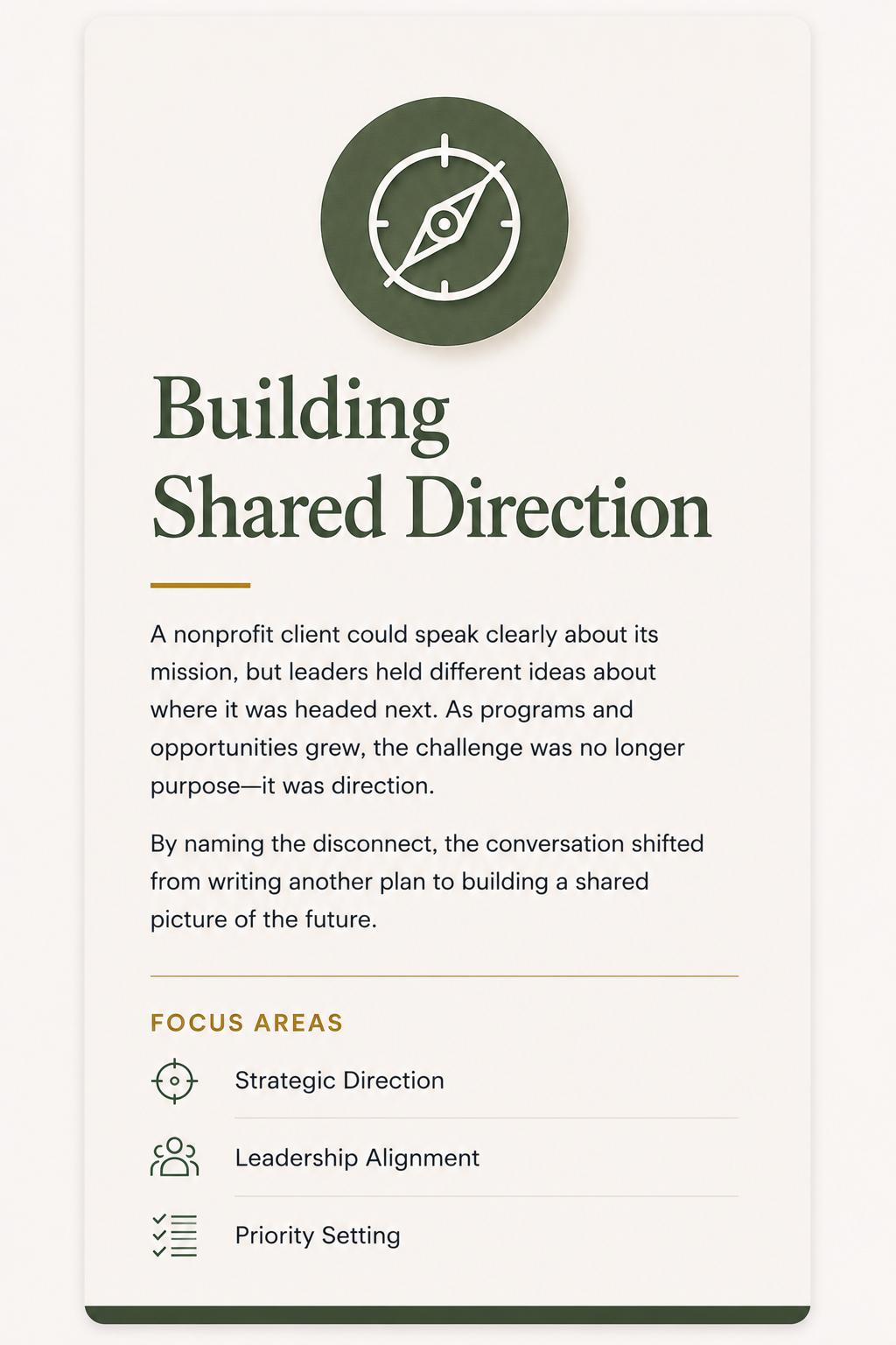 A document titled 'Building Shared Direction' with a compass icon at the top and sections discussing strategic direction, leadership alignment, and priority setting for nonprofit organizations.