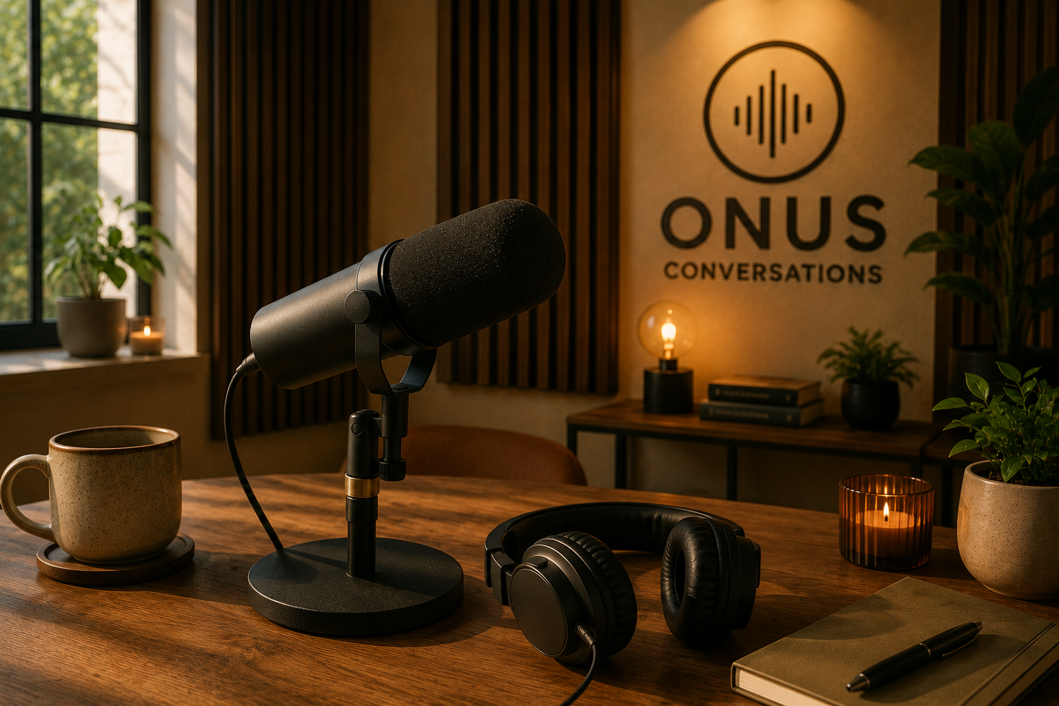 A podcast recording setup with a microphone, headphones, a notebook, and a pen on a wooden table in a cozy room with plants, candles, and a sign on the wall that says 'ONUS Conversations'.