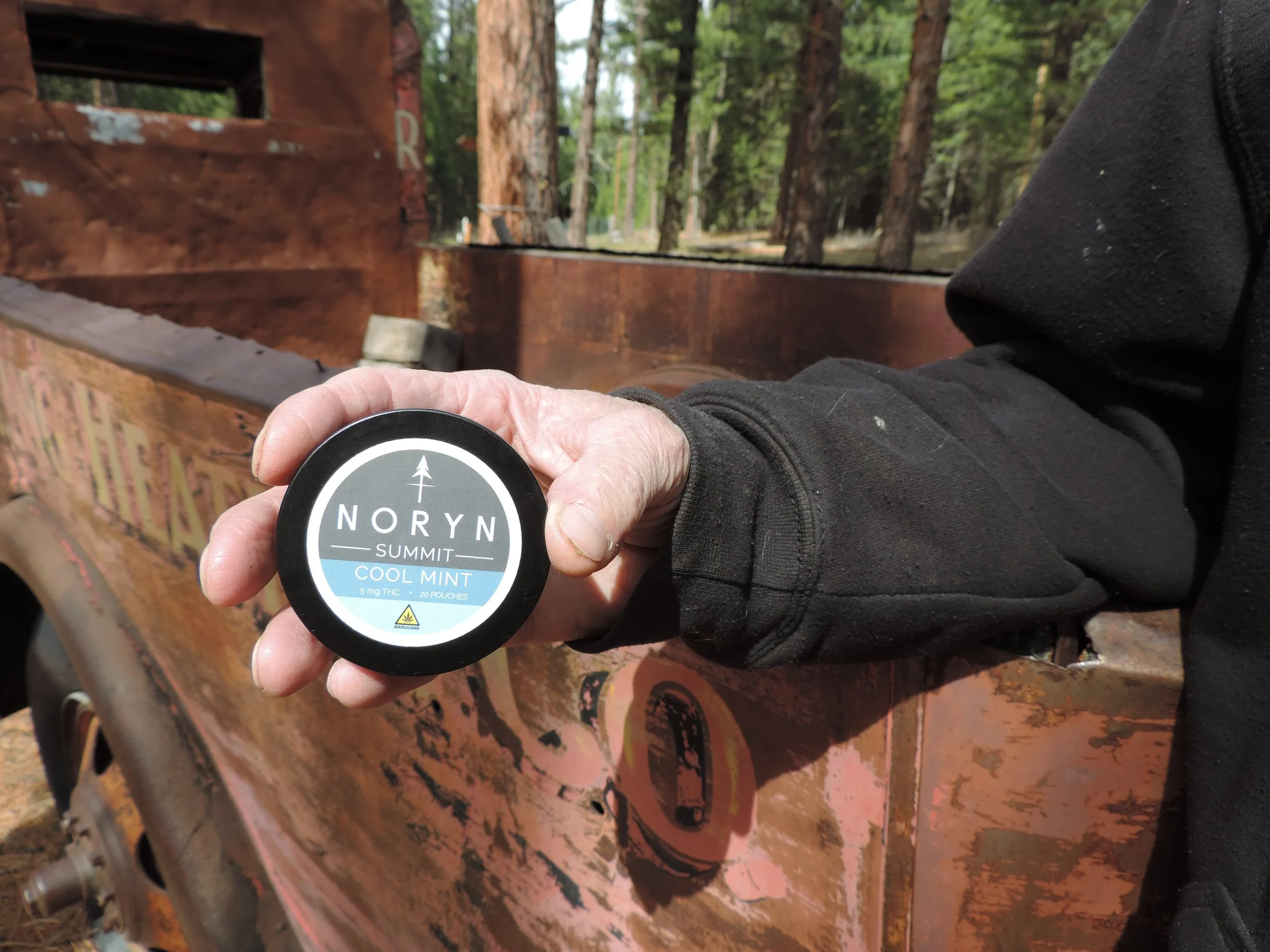 A person holding a container of NORYN Summit Cool Mint cannabis product outdoors near a rusty old vehicle with a wooded background.