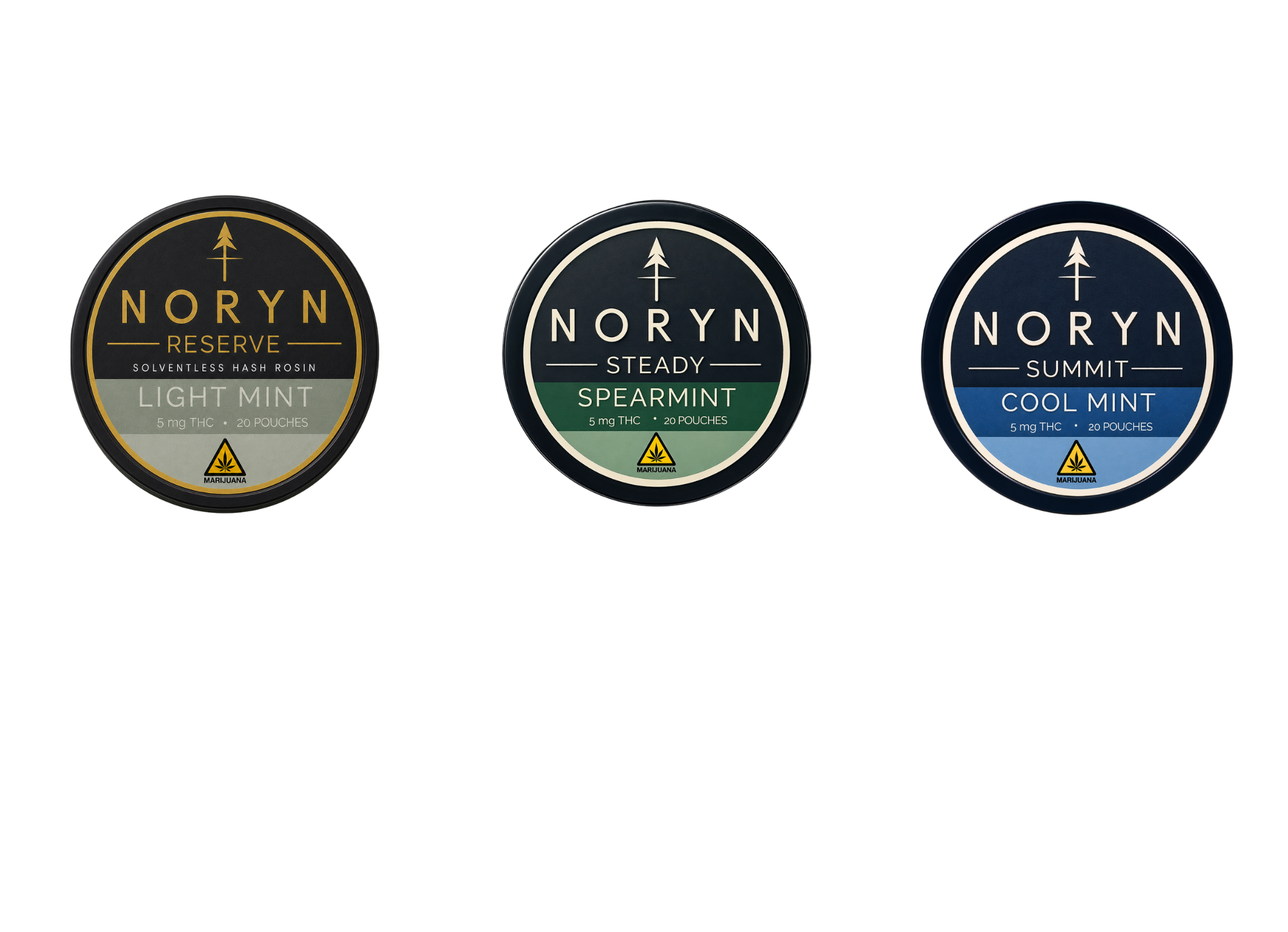 The NORYN collection showcasing three round containers of NORYN cannabis products labeled 'Light Mint Reserve,' 'Spearmint Steady,' and 'Cool Mint Summit,' each containing 20 pouches with 5 mg THC, all with a mountain and tree logo at the top.