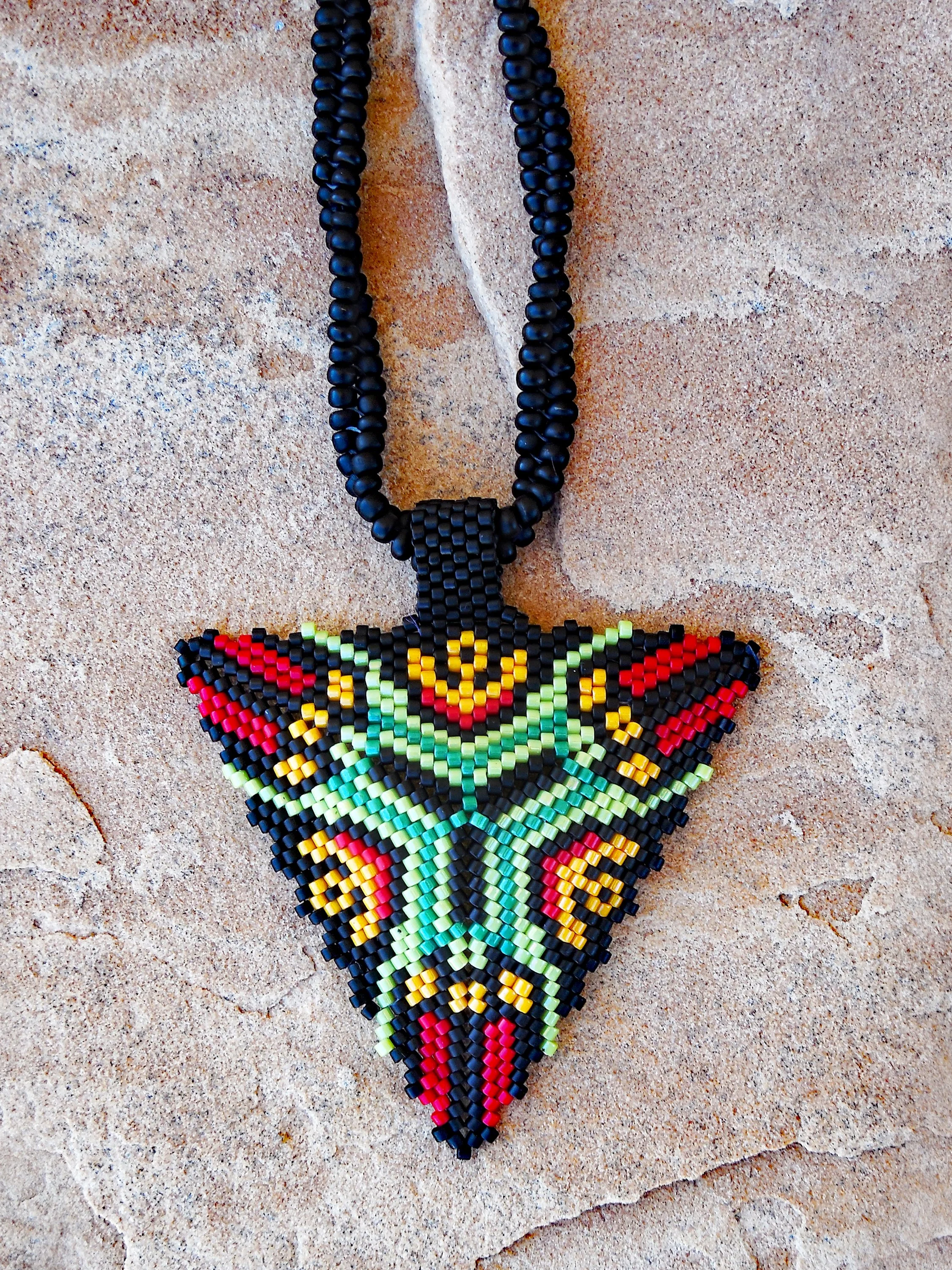 Handmade Boho  Beaded Geometric Triangle Pendant vibrant Necklace and Chain Non-Metal Jewelry in Green Orange Red Black