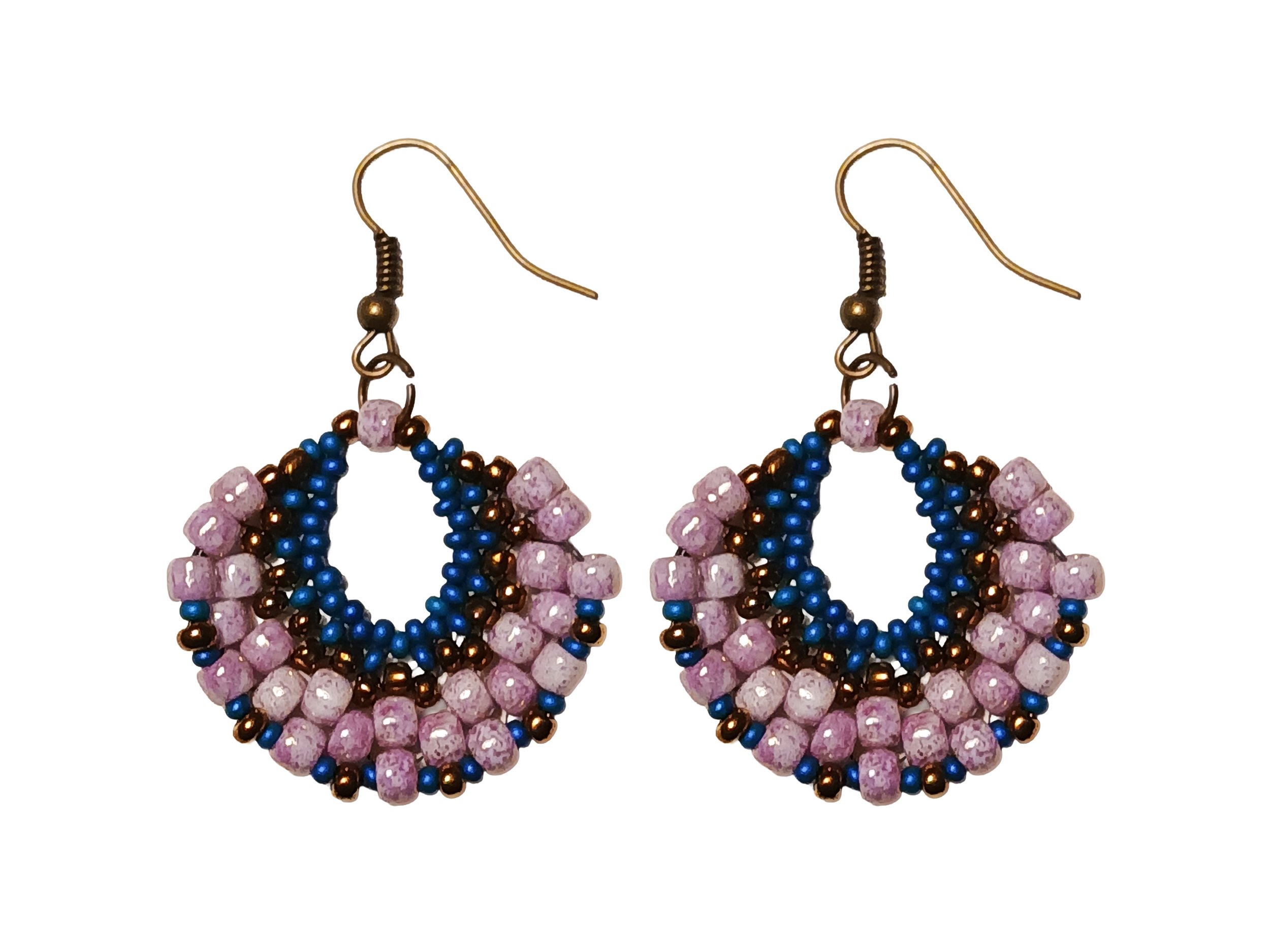 Handmade beaded crescent fan earrings handwoven in peyote stitch of lilac, teal blue and bronze glass seed bead colors.