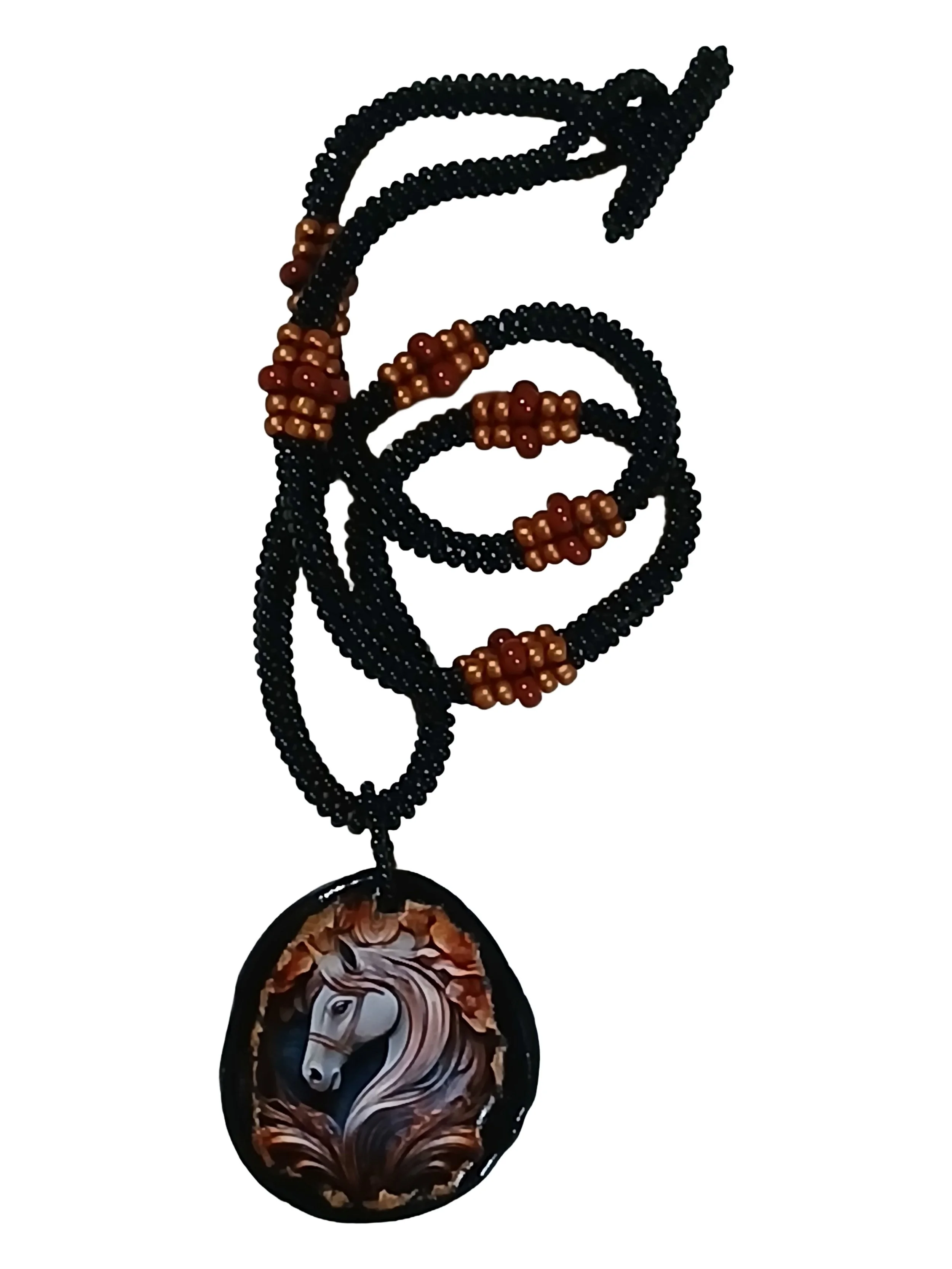 Handmade black herringbone beaded rope necklace with hand-woven copper accents and a non-metal, all-bead toggle closure.