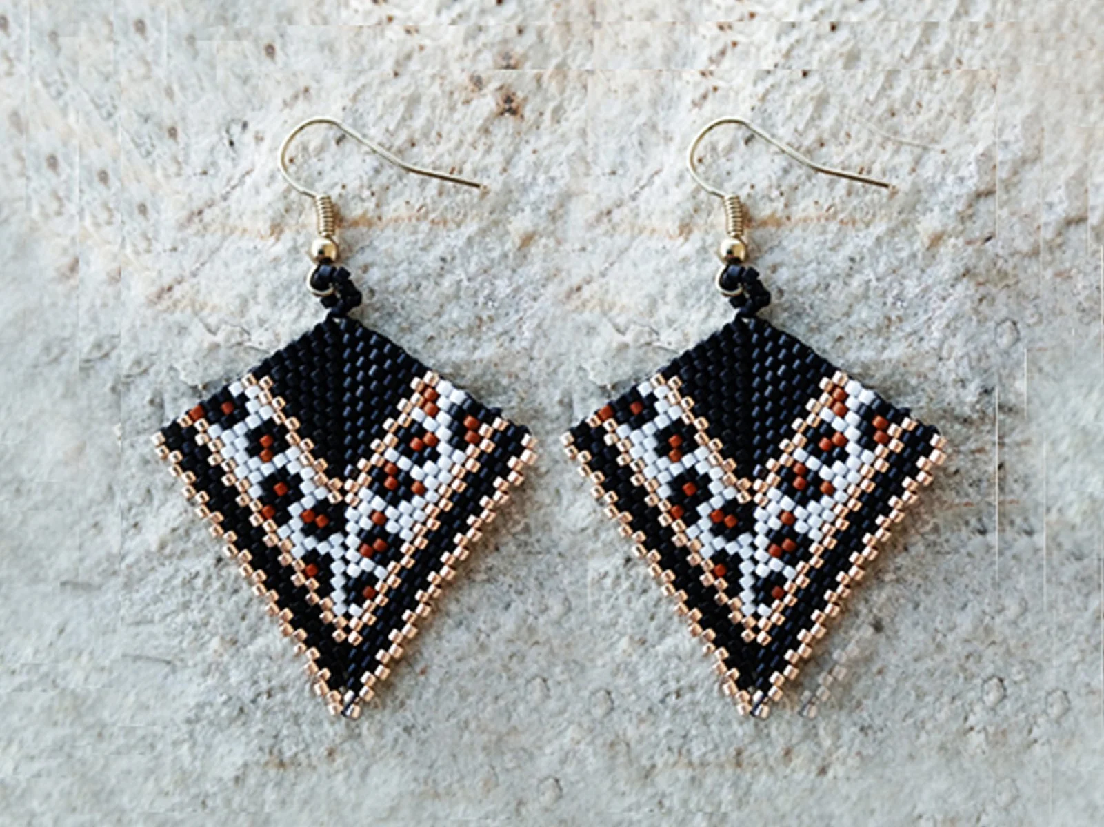 Beaded Animal Print Jaguar Arrow Shape Gold Accent Earrings