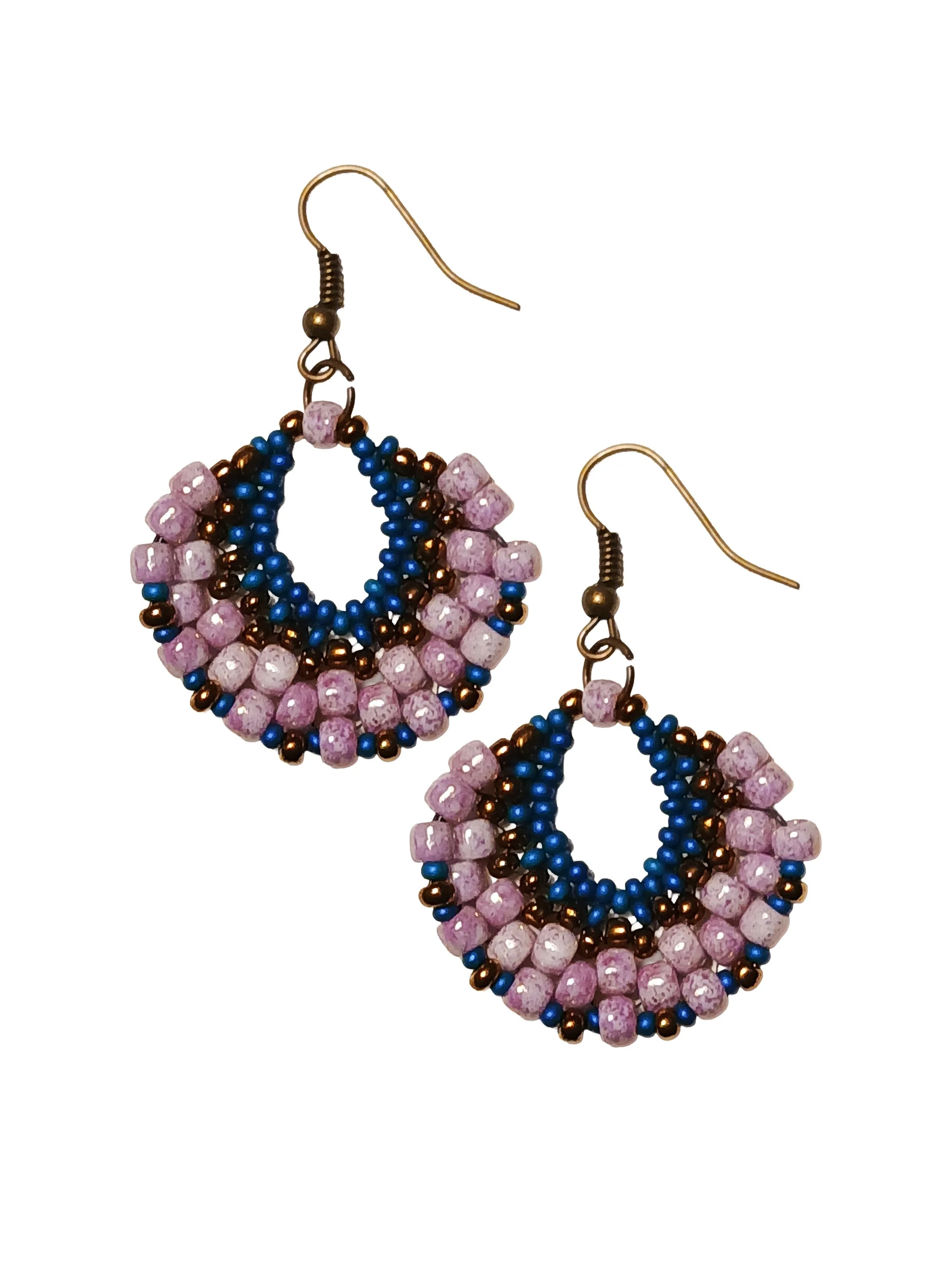 Handmade beaded crescent fan earrings handwoven in peyote stitch of lilac, teal blue and bronze glass seed bead colors.