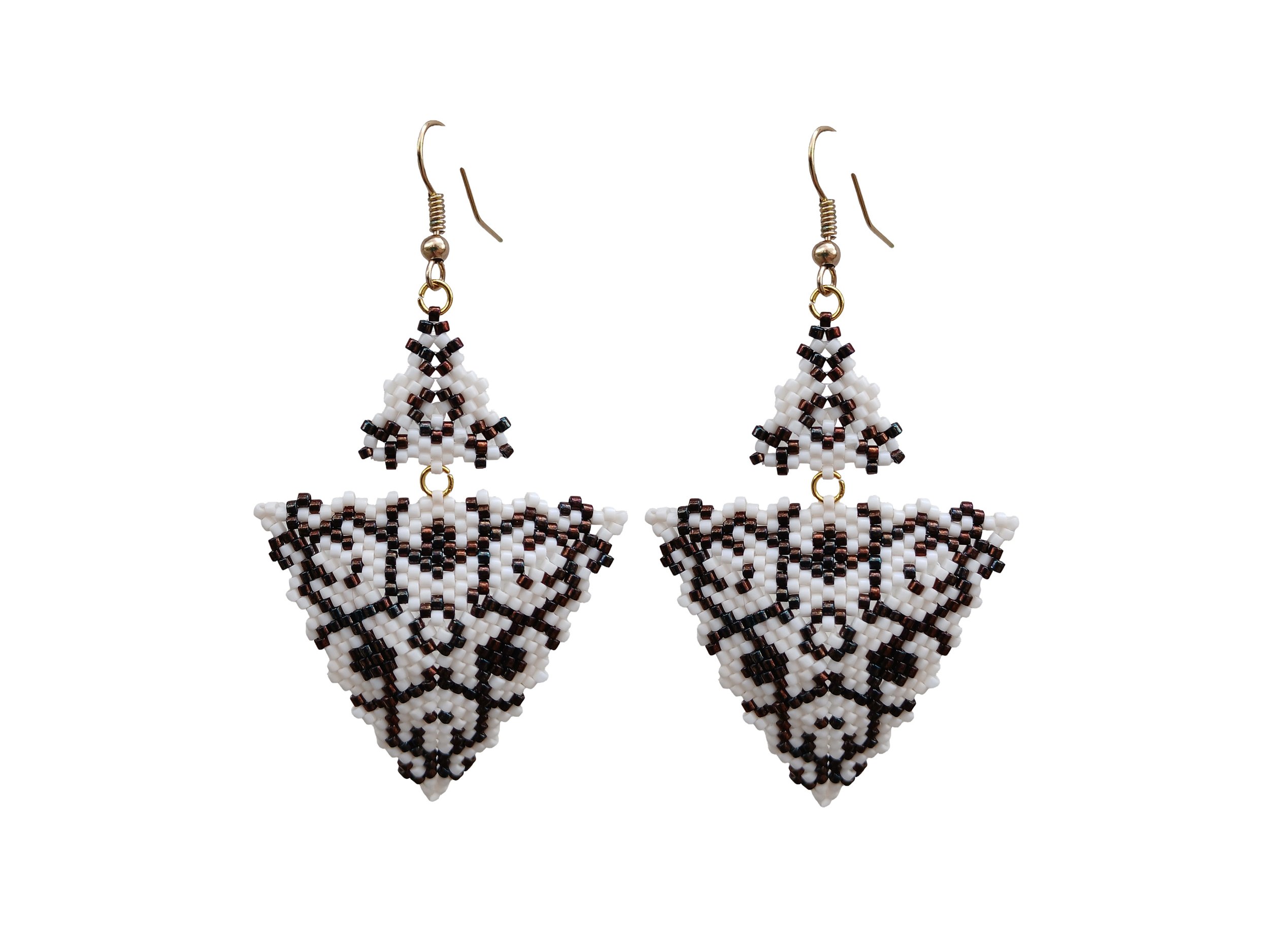 Handmade copper brown and alabaster white geometric triangle drops with two triangles beaded earrings in handwoven in peyote stitch design.
