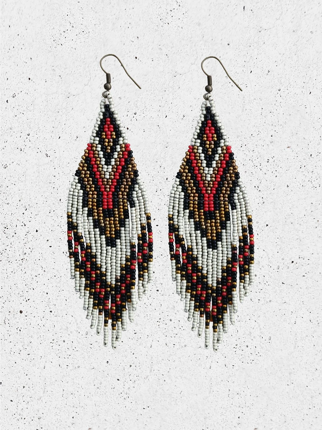Handmade 5” bright crimson red beaded fringe earrings handwoven with bold canyon colors of bronze, matte silver and black.