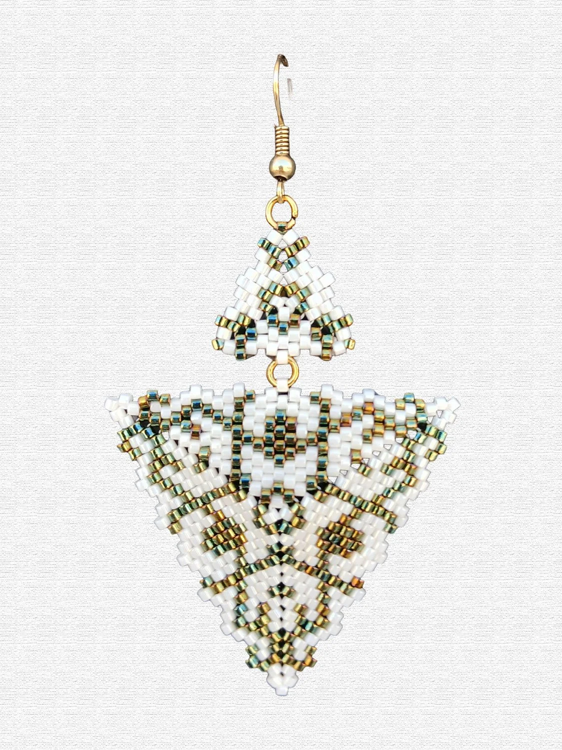 Handmade green and alabaster white geometric triangle drops with two triangles beaded earrings in handwoven in peyote stitch design.