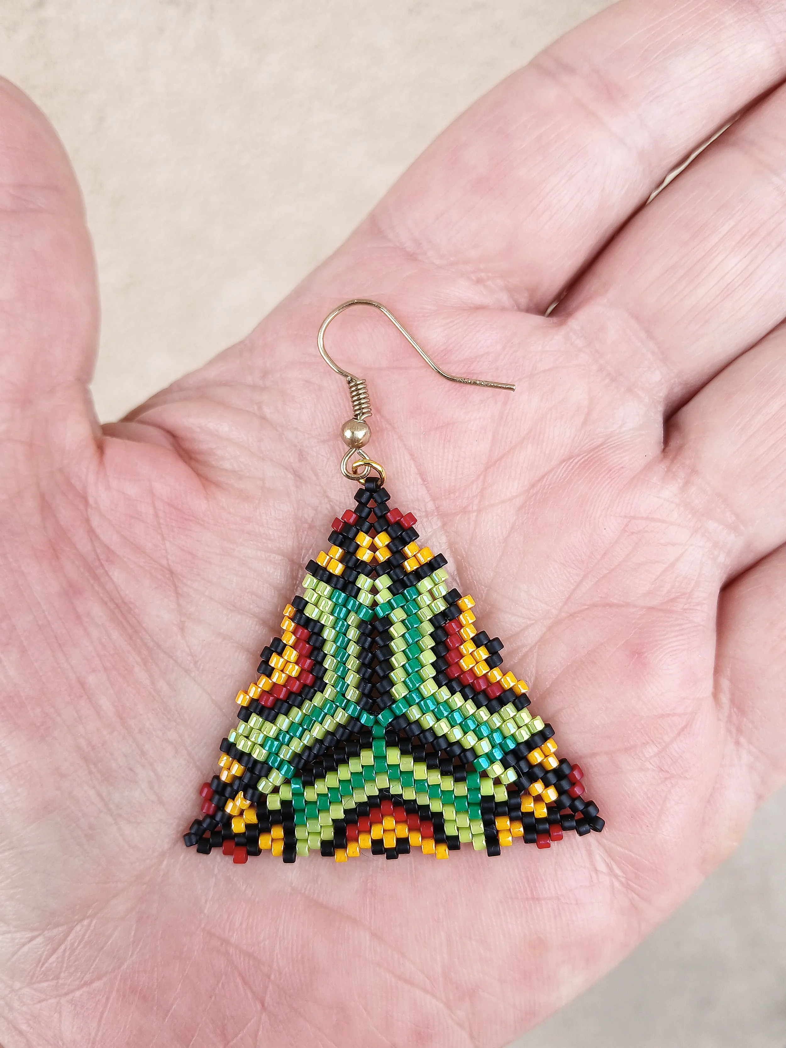Vibrant Beaded Geometric Triangle Earrings Green Orange Red and Black Handmade Peyote Boho Tribal Jewelry Peyote Herringbone Stitch