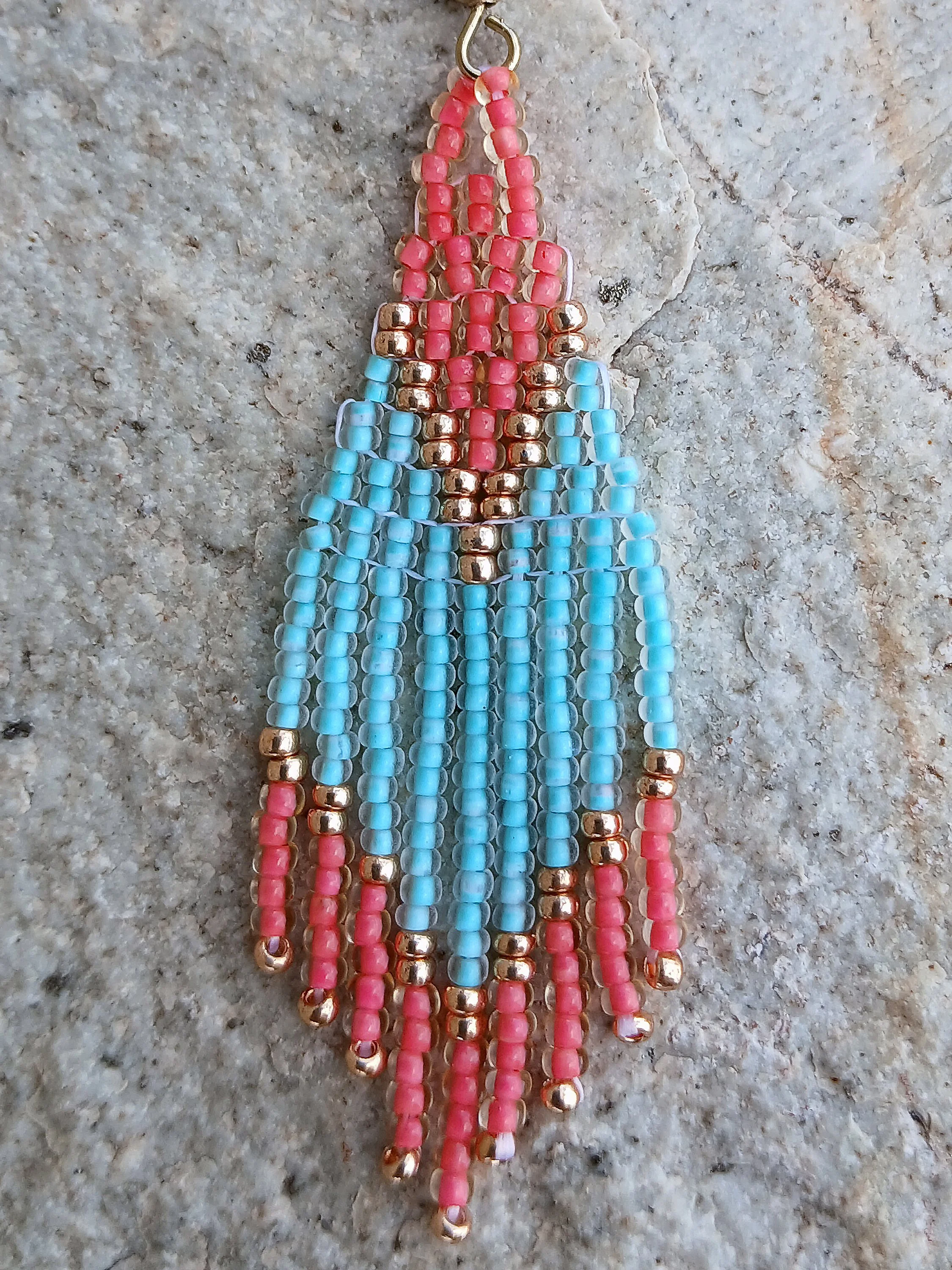 turquoise coral gold short fringe beaded earrings