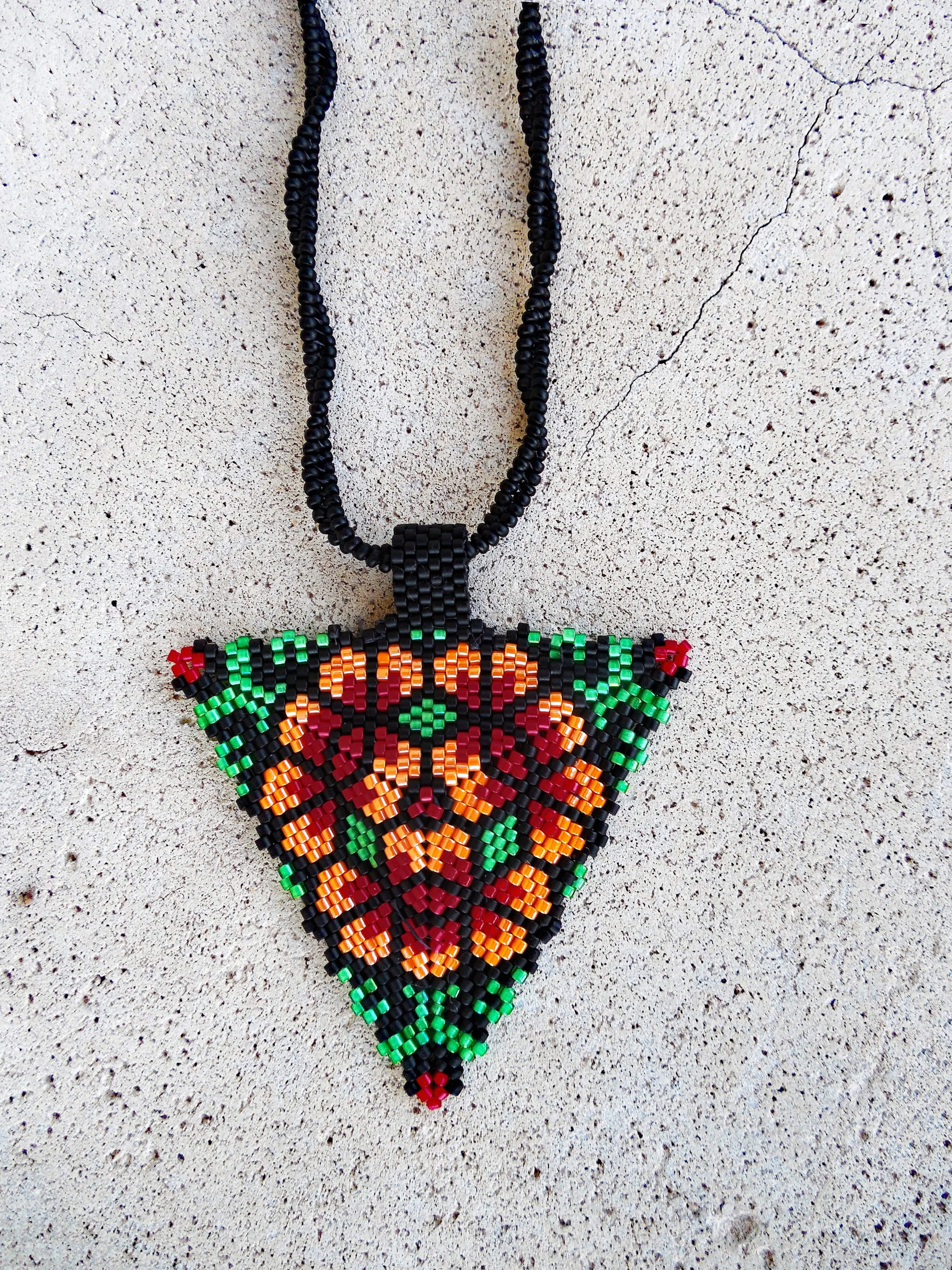 Handmade Boho  Beaded Geometric Triangle Pendant Floral Necklace and Chain Non-Metal Jewelry in Green Orange Red Black