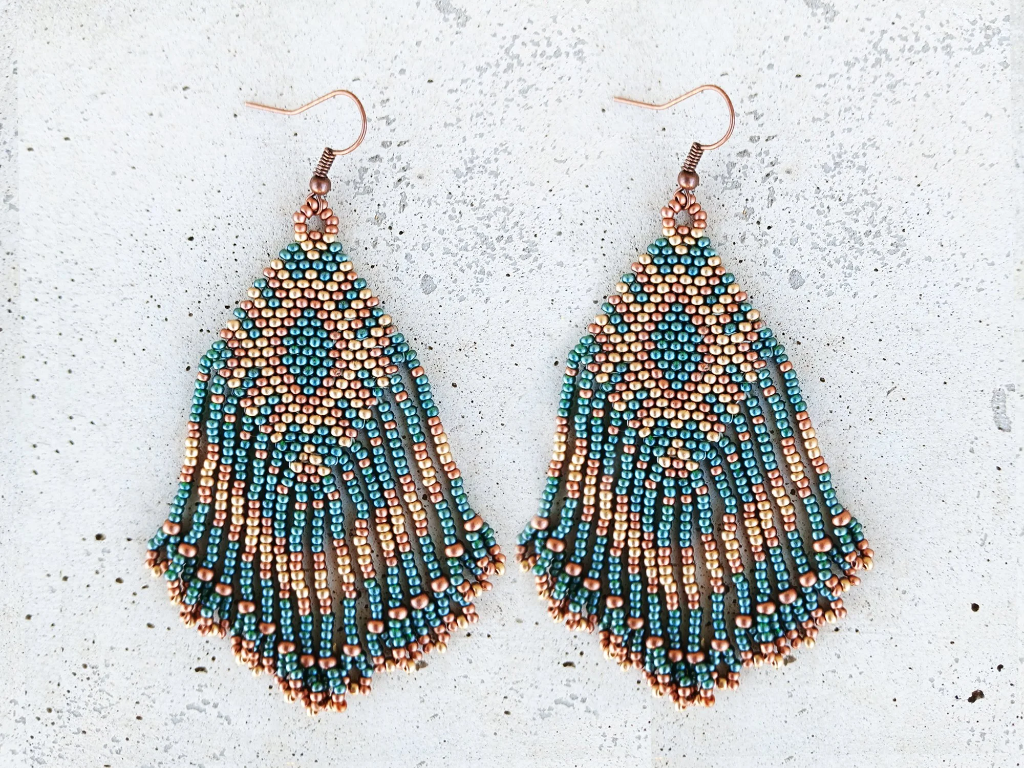 Handmade Beaded Fringe Earrings In Metallic Earth Tones