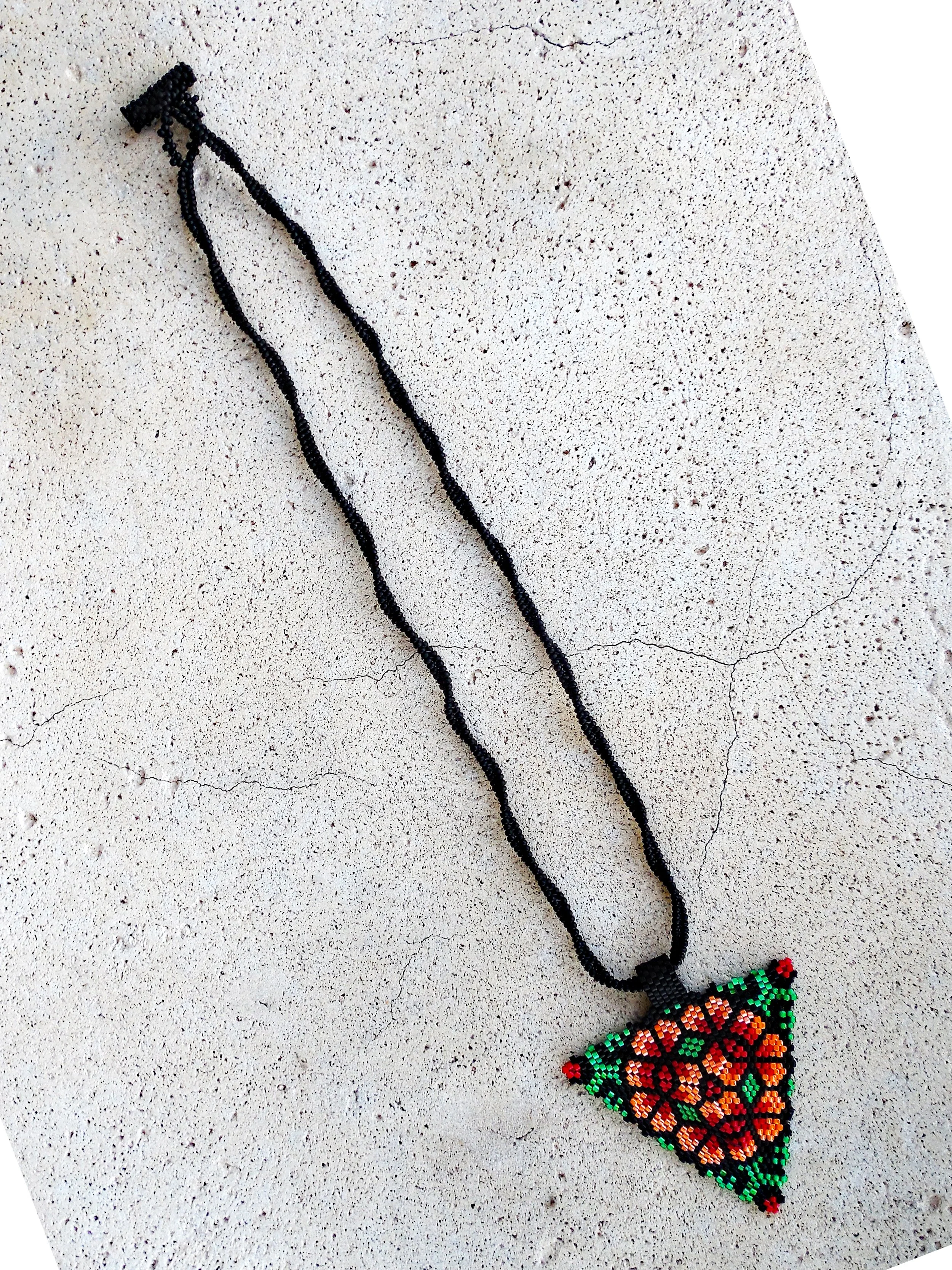 Handmade Boho  Beaded Geometric Triangle Pendant Floral Necklace and Chain Non-Metal Jewelry in Green Orange Red Black