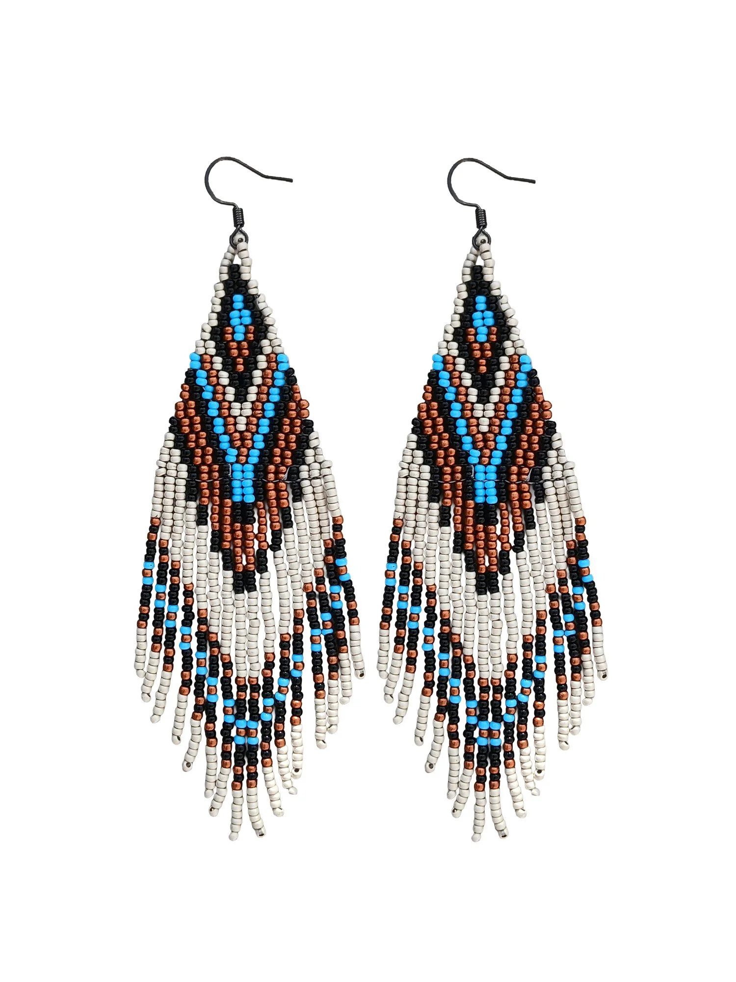Handmade 5” beaded fringe earrings handwoven in chevron brick stitch with earthy sky blue, matte silver, black, and copper.