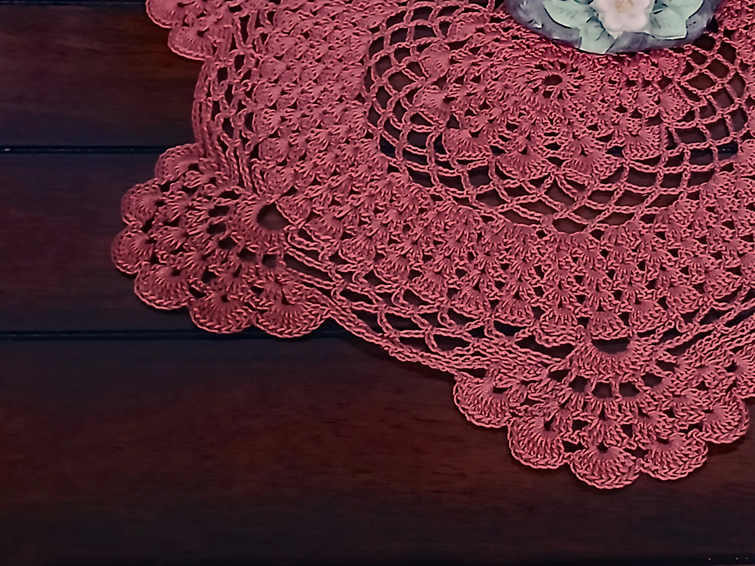 Handmade 13 Inch Rust Farmhouse Round Crochet Lace Doily With Scallop Edge 100% Cotton Side View