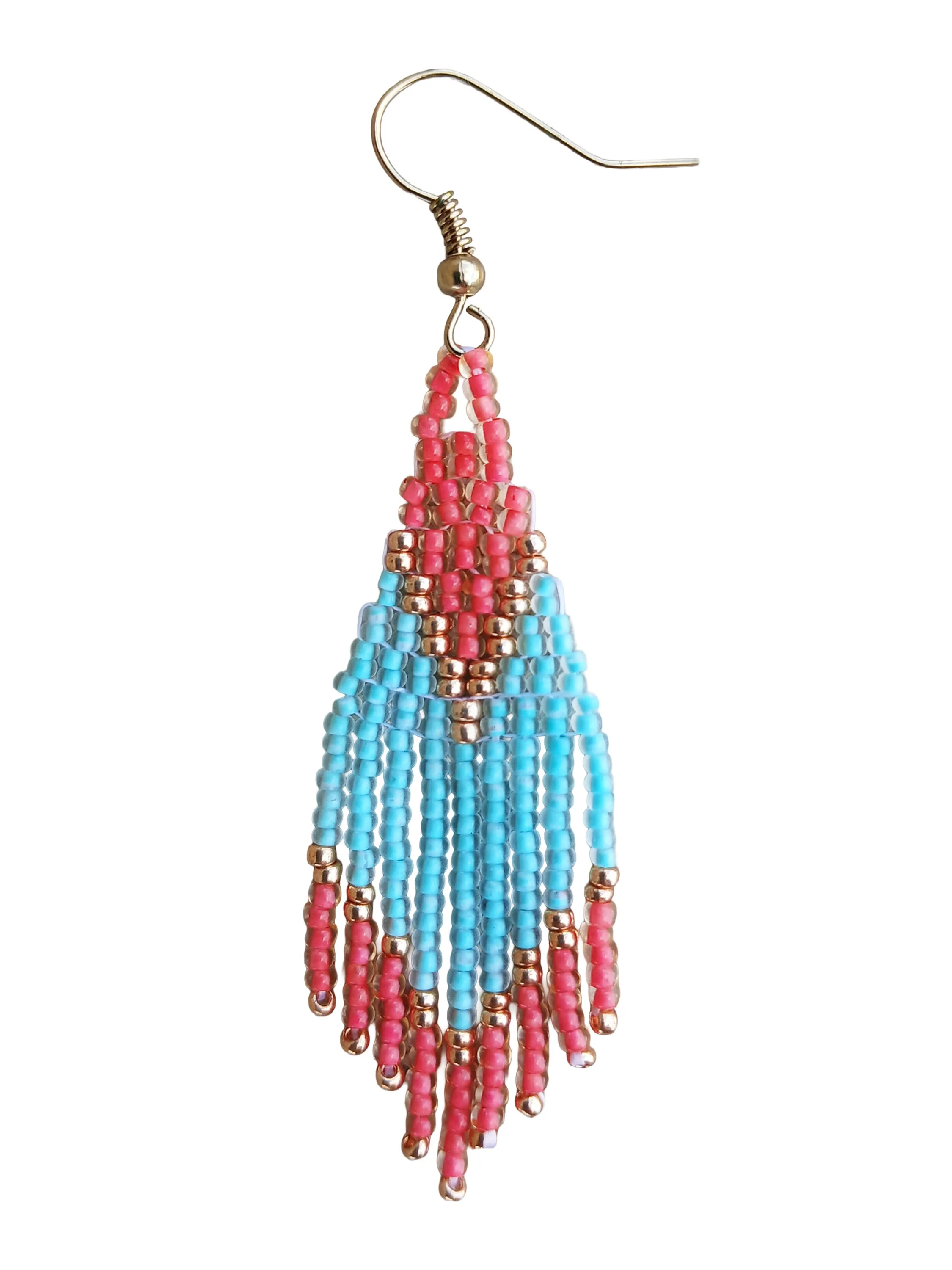 turquoise coral gold short fringe beaded earrings