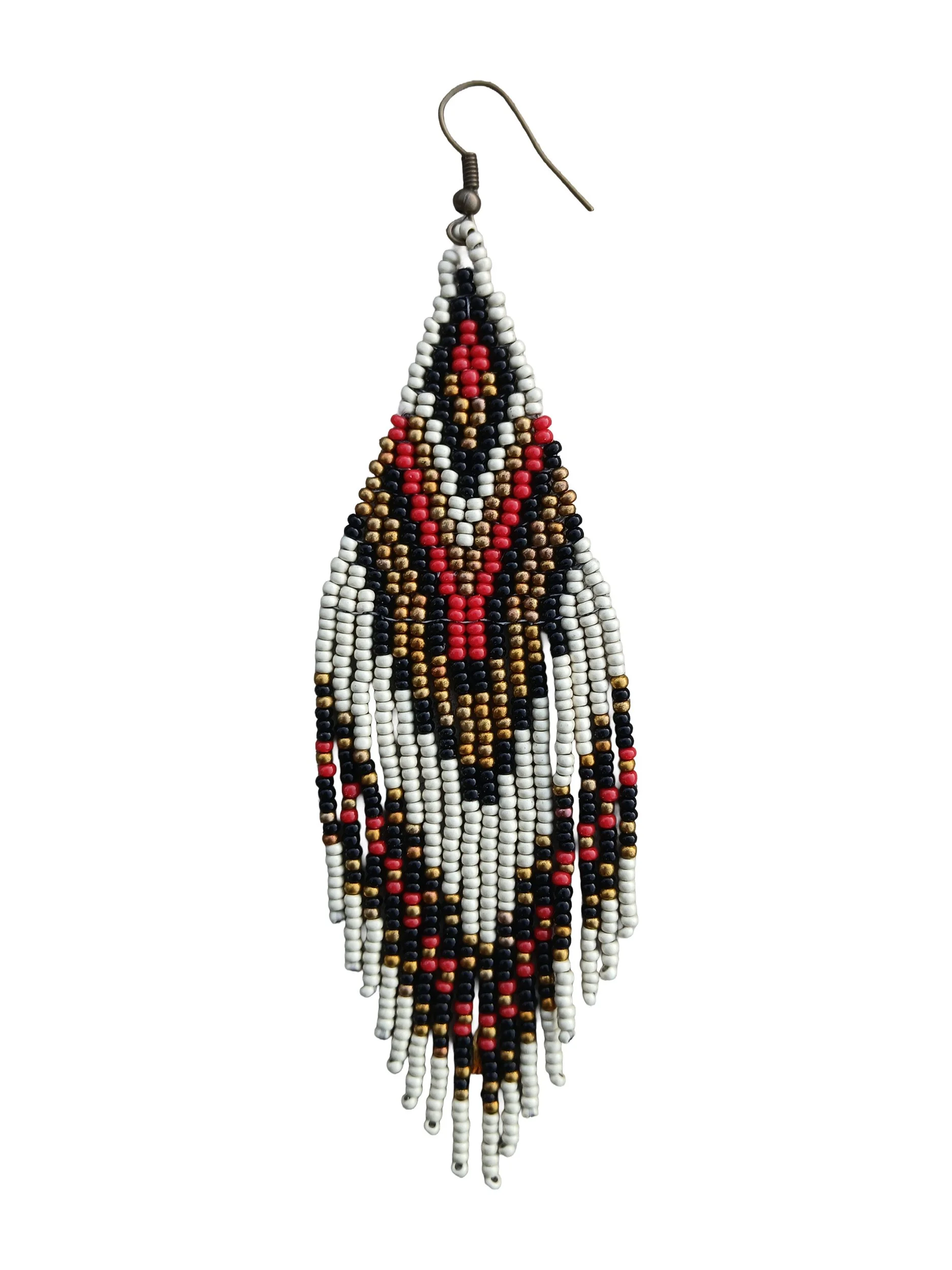 Handmade 5” bright crimson red beaded fringe earrings handwoven with bold canyon colors of bronze, matte silver and black.