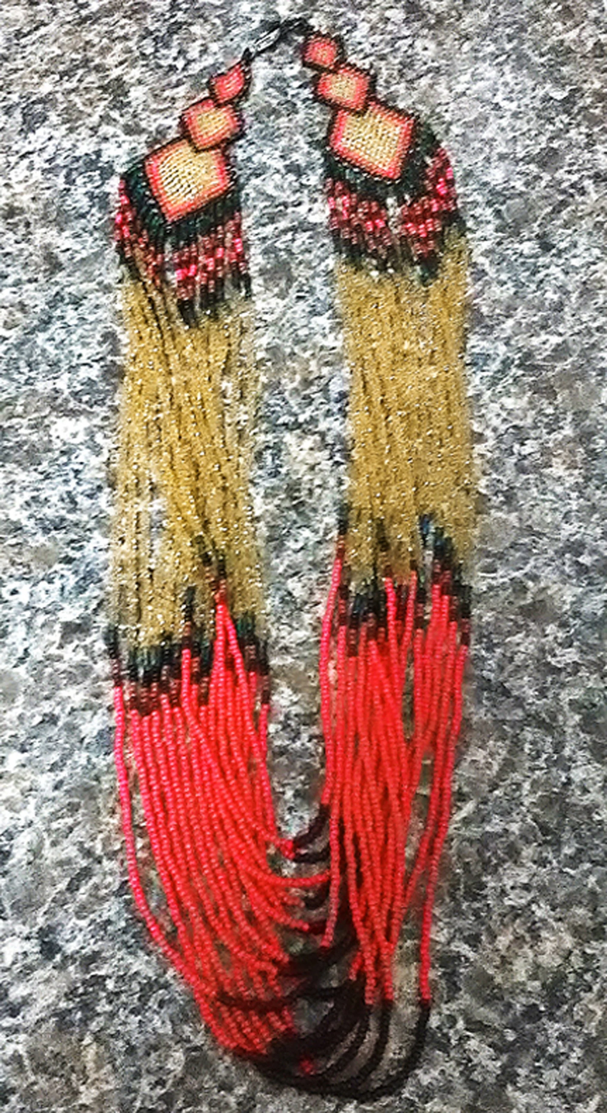strand beaded native american necklace by natalie harley red gold black seed bead jewelry