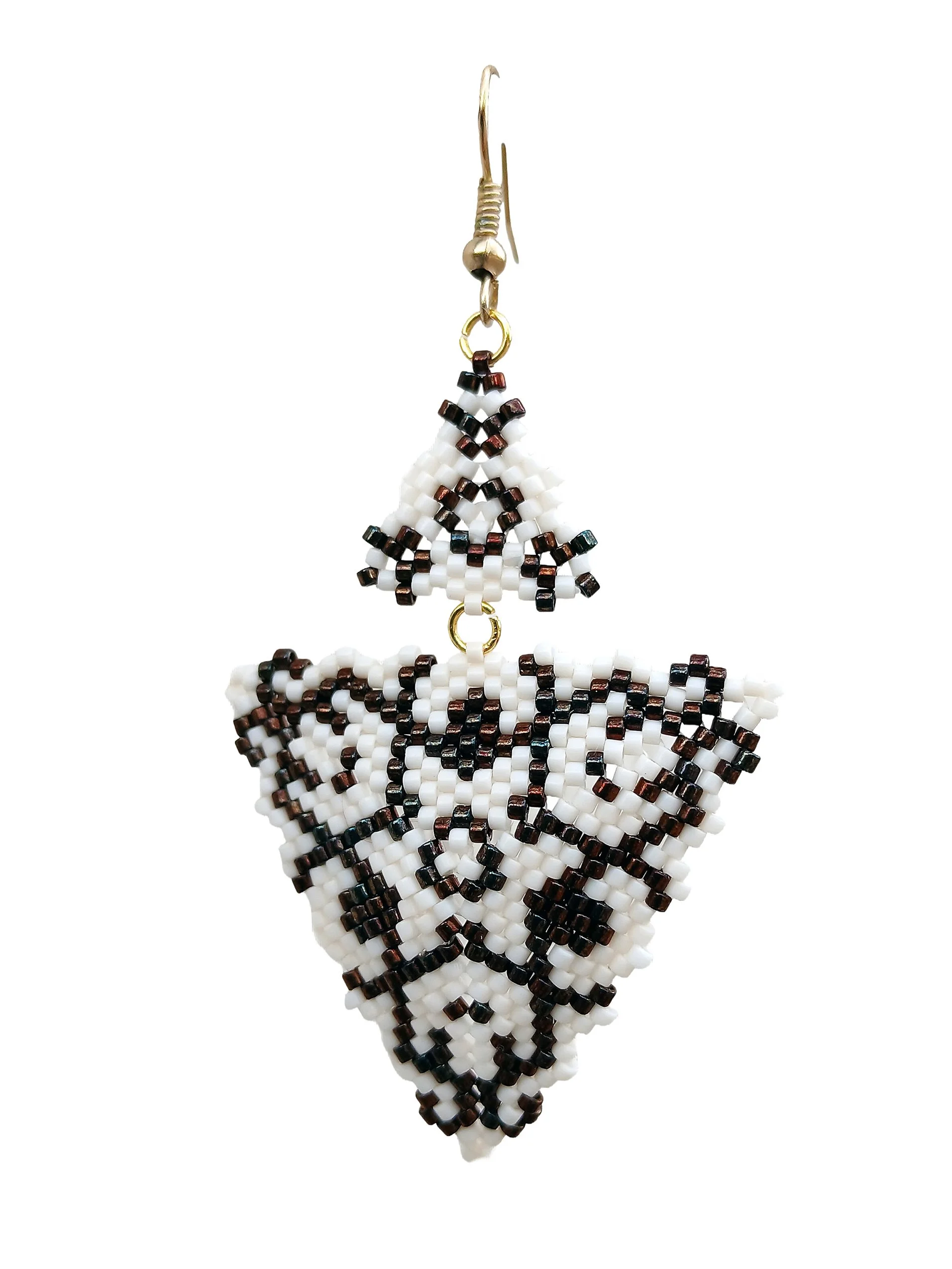 Handmade copper brown and alabaster white geometric triangle drops with two triangles beaded earrings in handwoven in peyote stitch design.