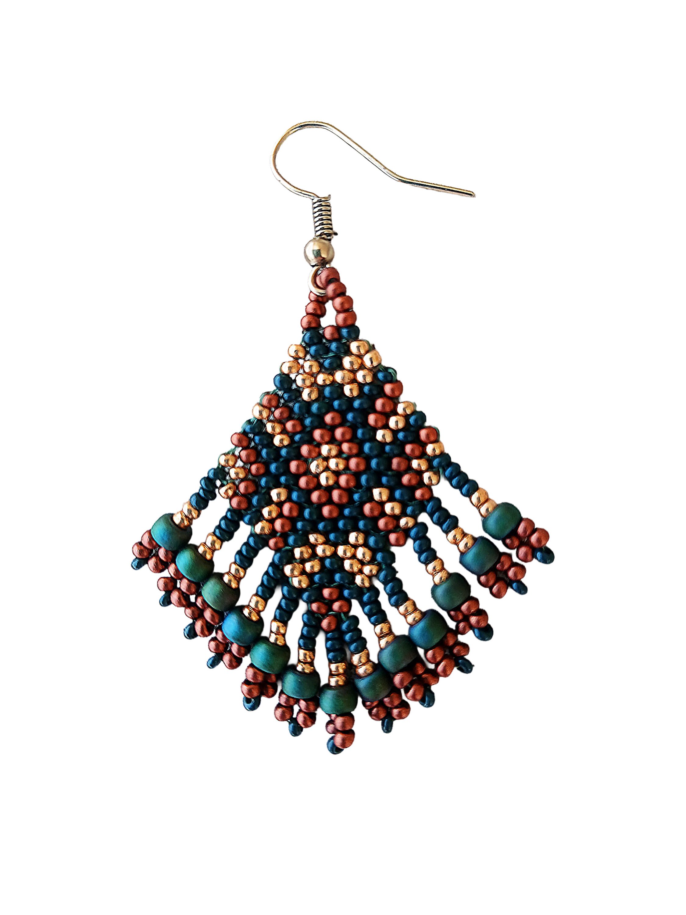 Handmade woodland beaded fringe earrings. Handwoven in forest green, gold, and copper nature-inspired seed bead jewelry.