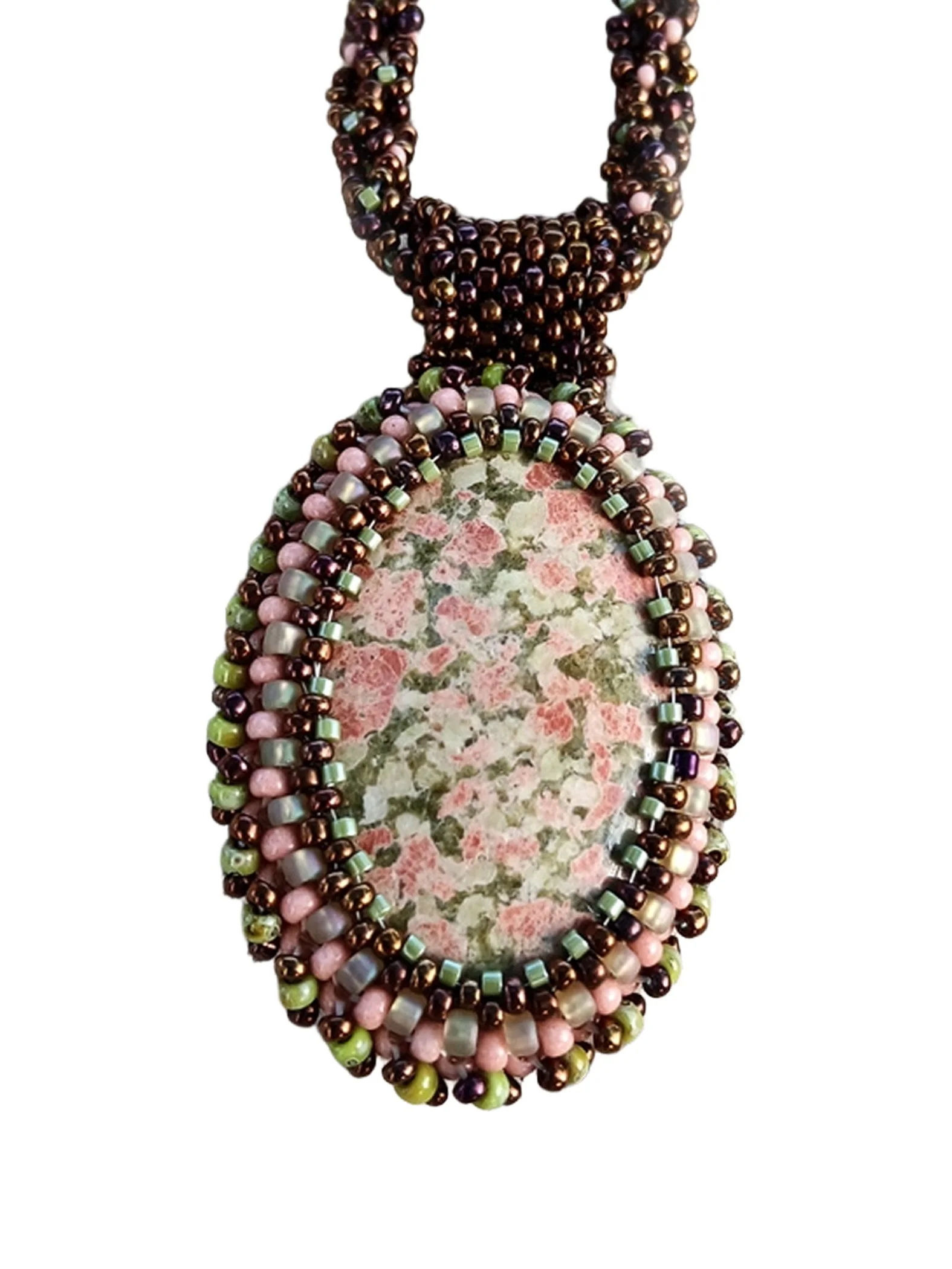 Handmade statement pendant necklace featuring a natural olive green and pink unakite gemstone cabochon handwoven with a matching bronze beaded chain.