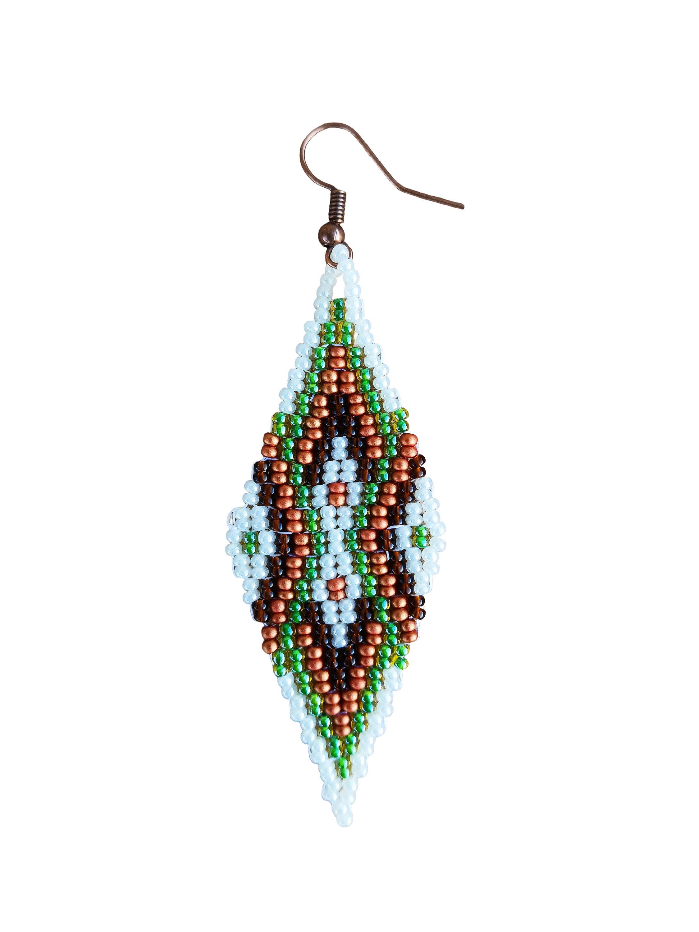 Copper Meridian drop beaded earrings featuring an oblong geometric design