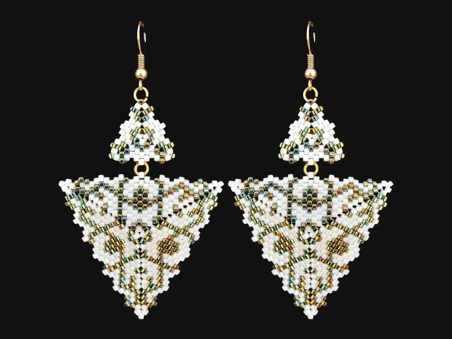 Handmade green and alabaster white geometric triangle drops with two triangles beaded earrings in handwoven in peyote stitch design.