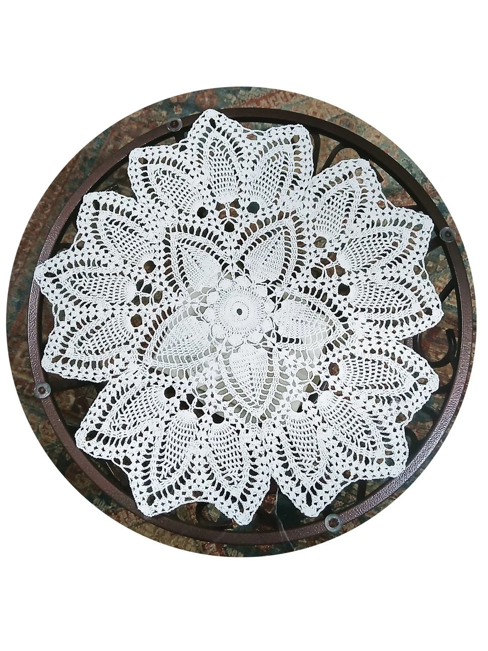 Handmade extra-large 22-inch round white crochet lace doily featuring an intricate pointed pineapple design