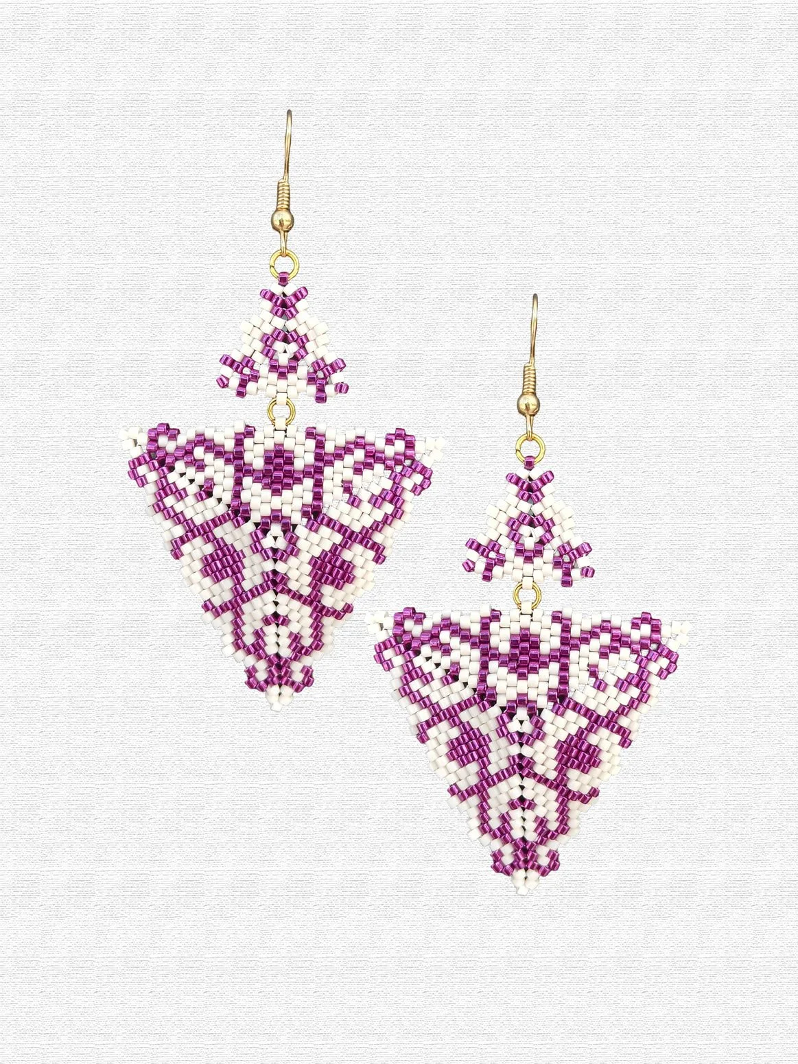 Handmade purple and alabaster white geometric triangle drops with two triangles beaded earrings in handwoven in peyote stitch design.