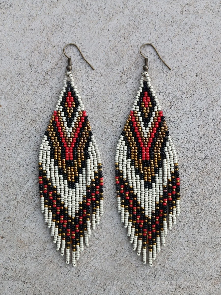 Handmade 5” bright crimson red beaded fringe earrings handwoven with bold canyon colors of bronze, matte silver and black.