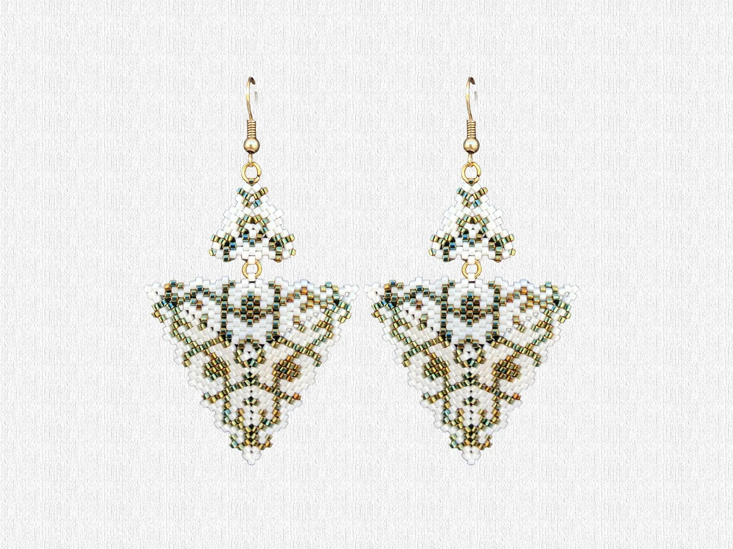 Handmade green and alabaster white geometric triangle drops with two triangles beaded earrings in handwoven in peyote stitch design.