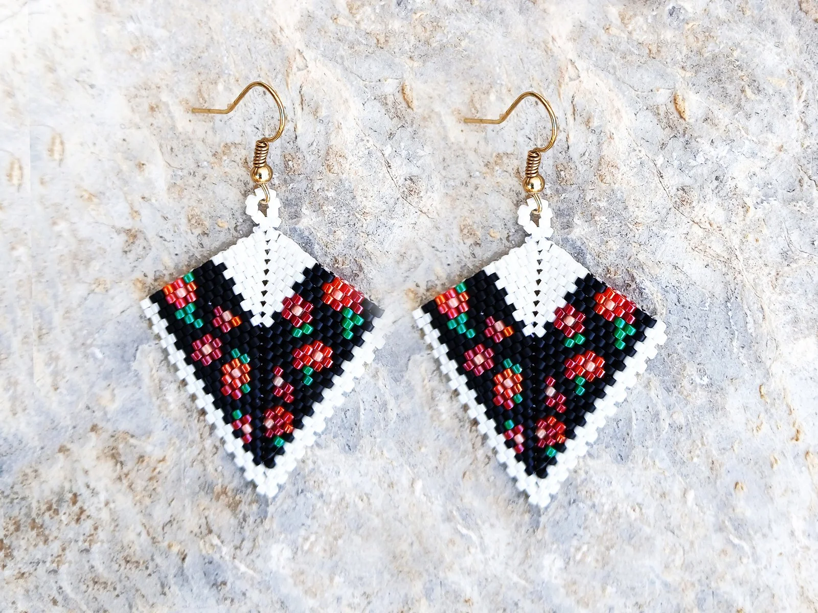 Handmade Beaded Botanical Red Floral Kite Earrings