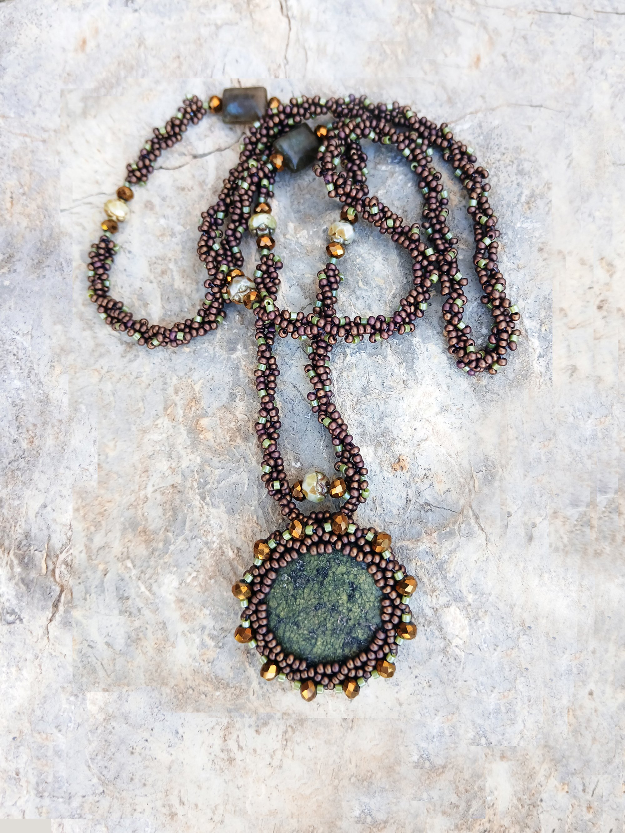 Natural Green Agate with earthy tones handmade necklace bezel-woven and handwoven seed bead crystal beaded necklace