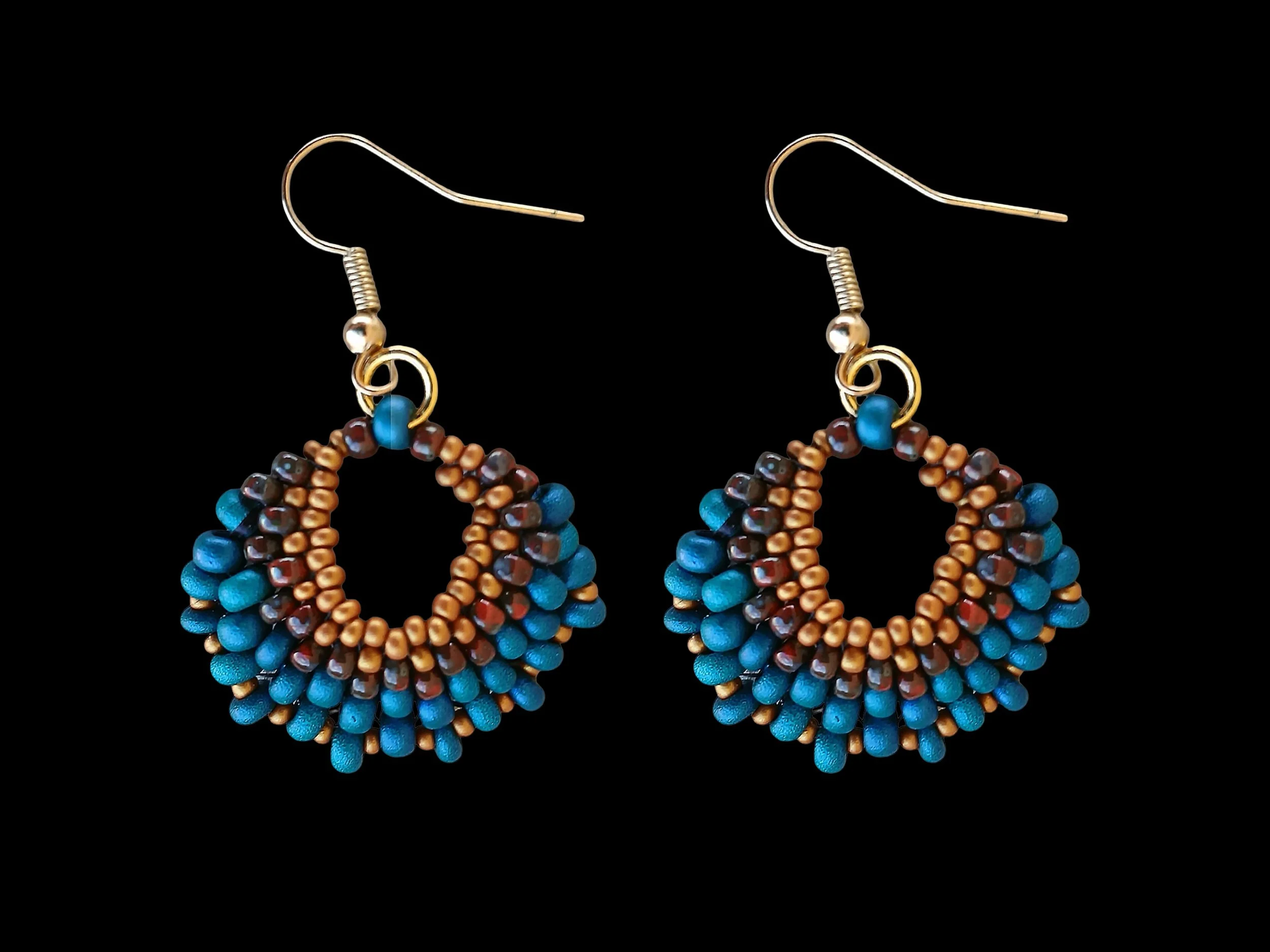 Handmade beaded crescent fan short earrings handwoven in golden and dark browns and teal glass seed beads in peyote stitch.