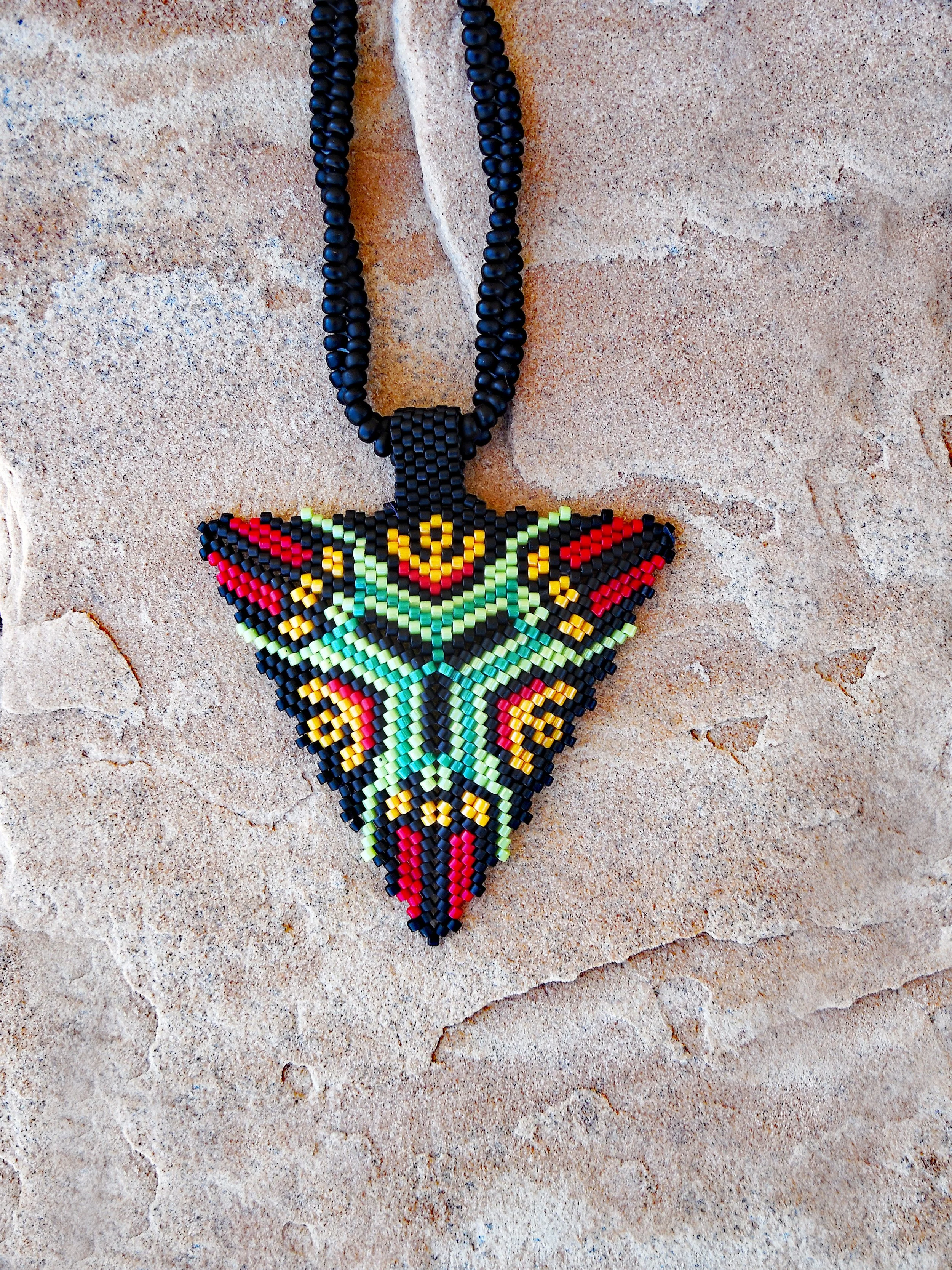 Handmade Boho  Beaded Geometric Triangle Pendant vibrant Necklace and Chain Non-Metal Jewelry in Green Orange Red Black