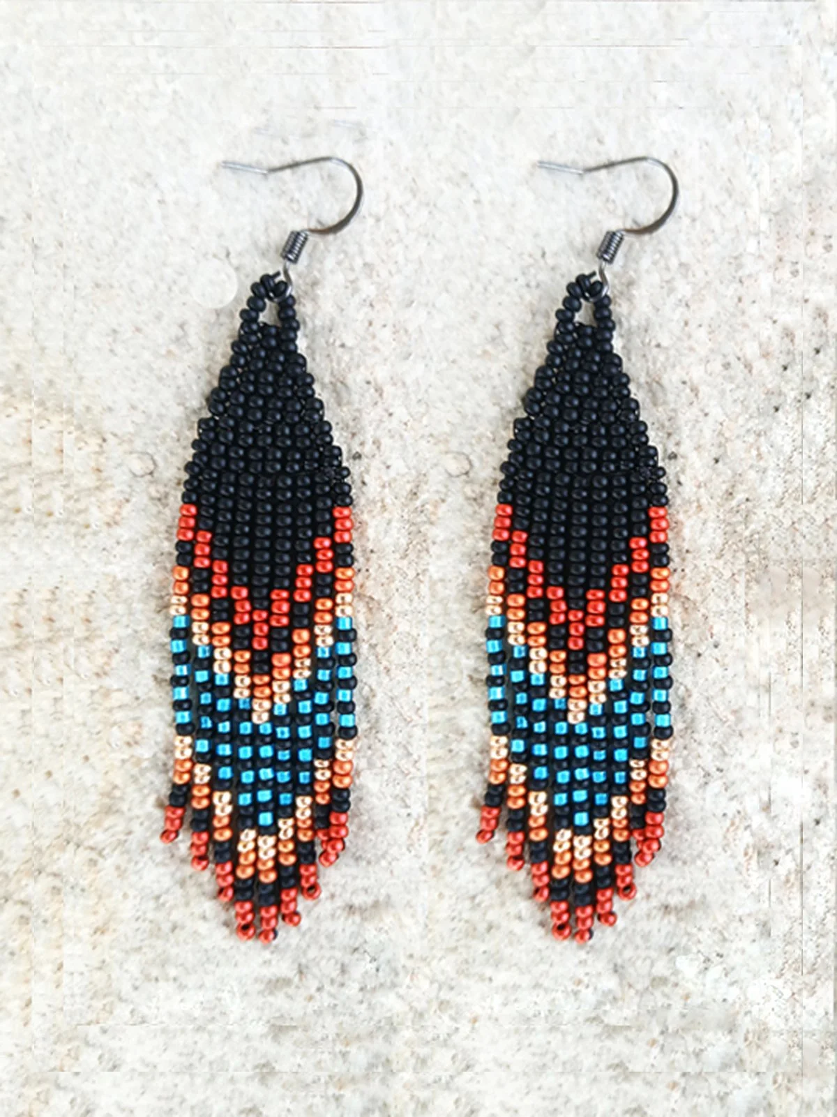 Mountain Sunset beaded boho western tribal medium length light weight fringe dangle handmade earrings