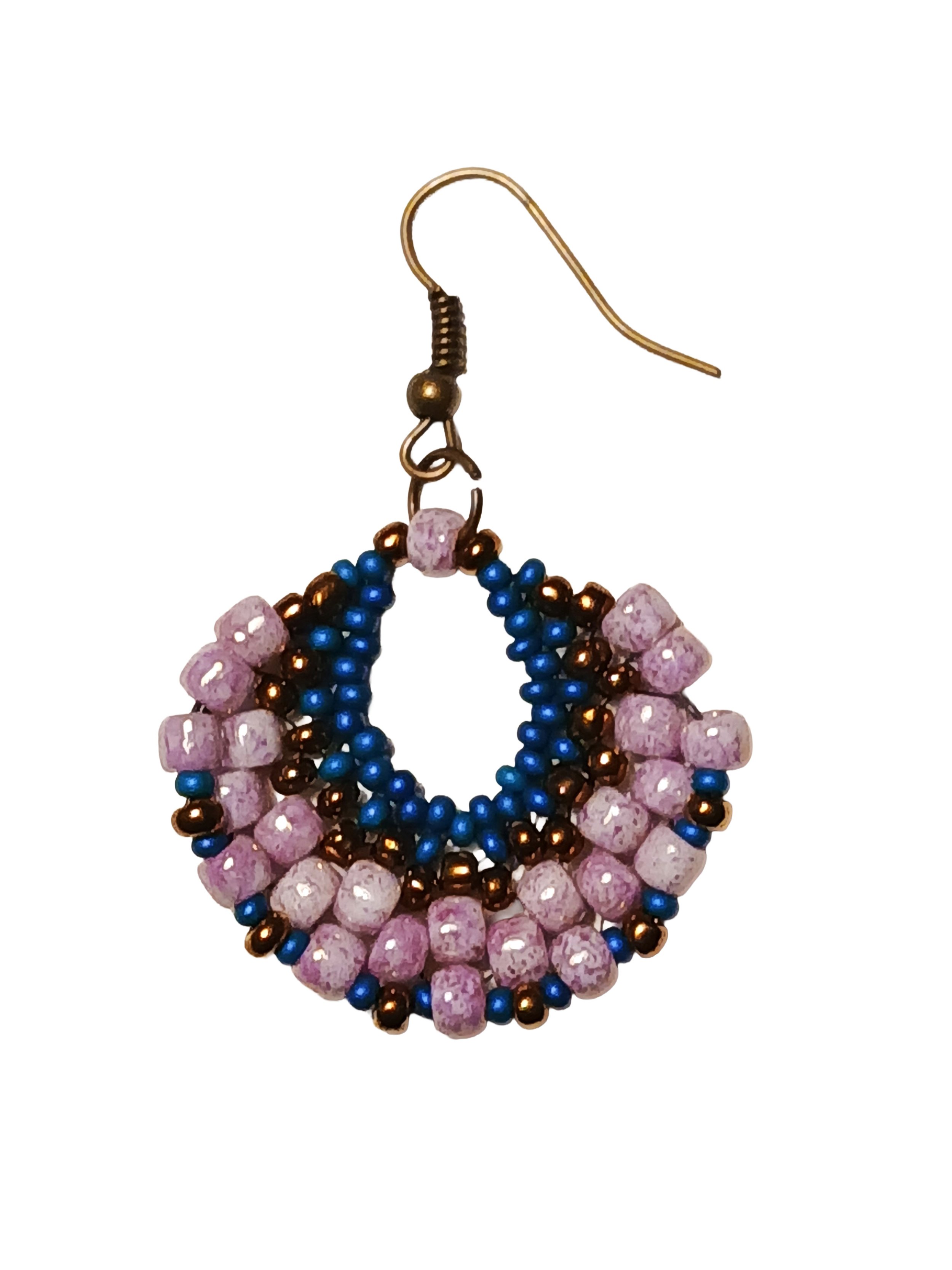 Handmade beaded crescent fan earrings handwoven in peyote stitch of lilac, teal blue and bronze glass seed bead colors closeup.