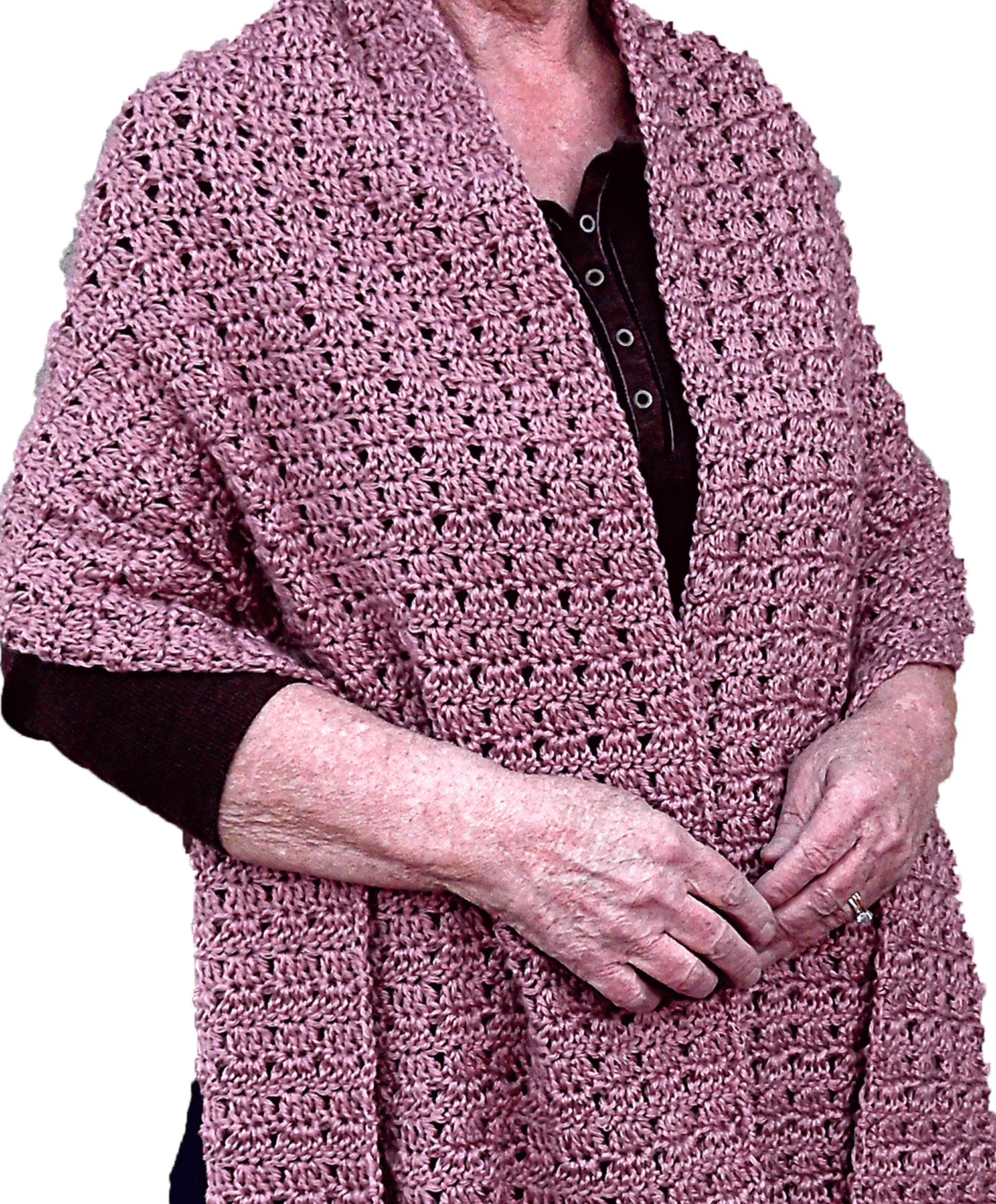 Detailed close-up of the crochet stitches in a rectangle casual wrap by Threaded Flair.